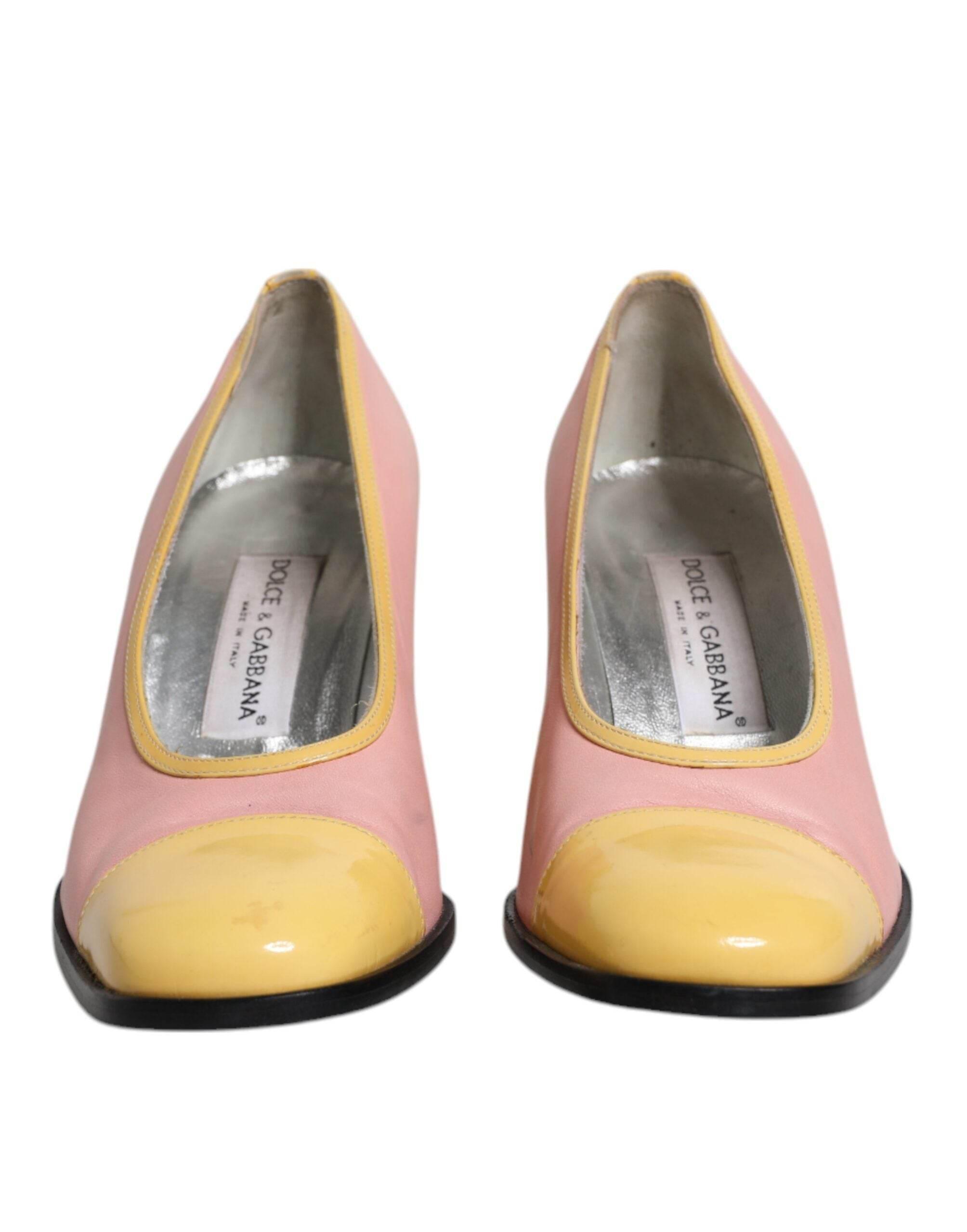 Dolce & Gabbana Pink Yellow Leather Block Heels Pumps Shoes - Hilstor