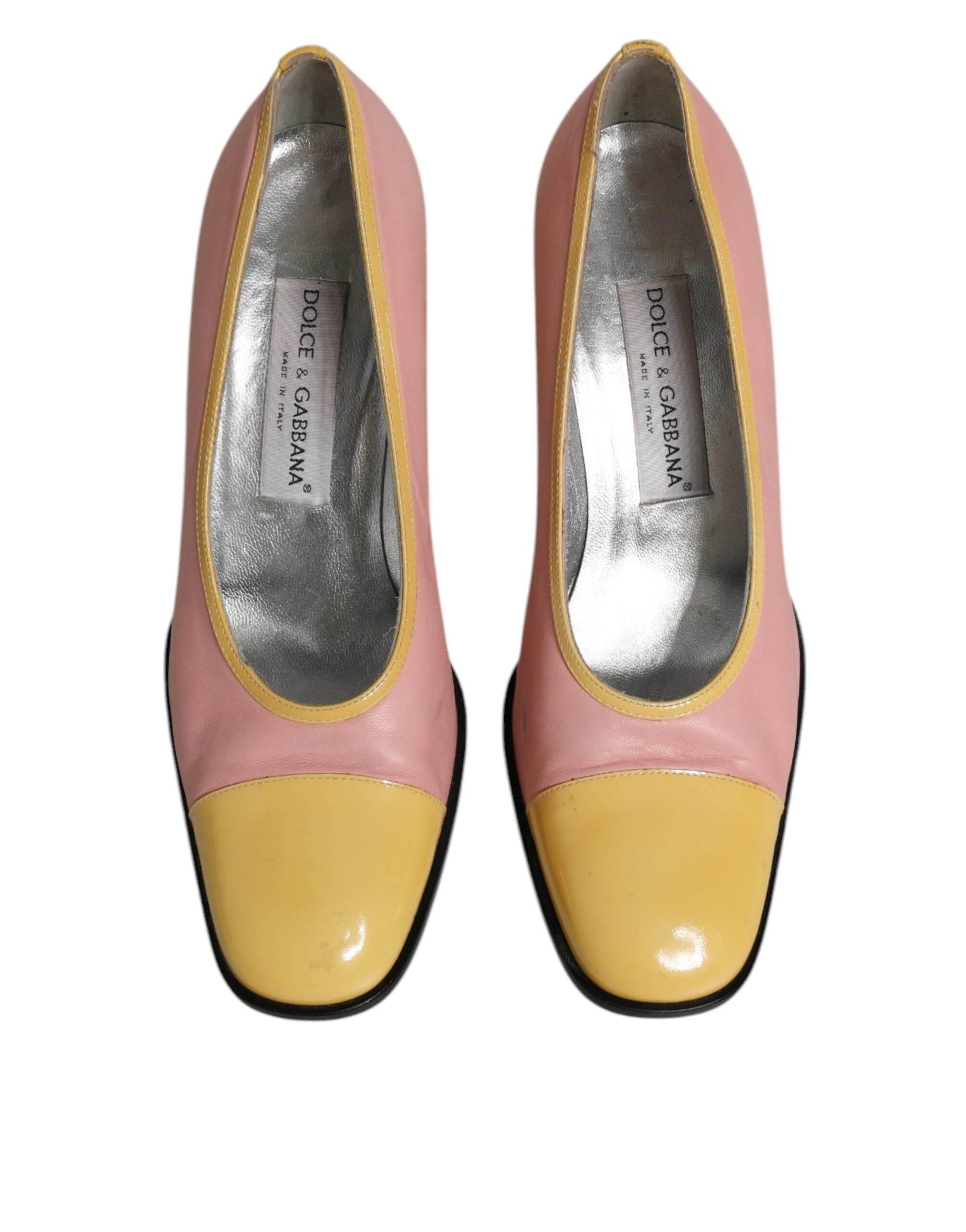 Dolce & Gabbana Pink Yellow Leather Block Heels Pumps Shoes - Hilstor