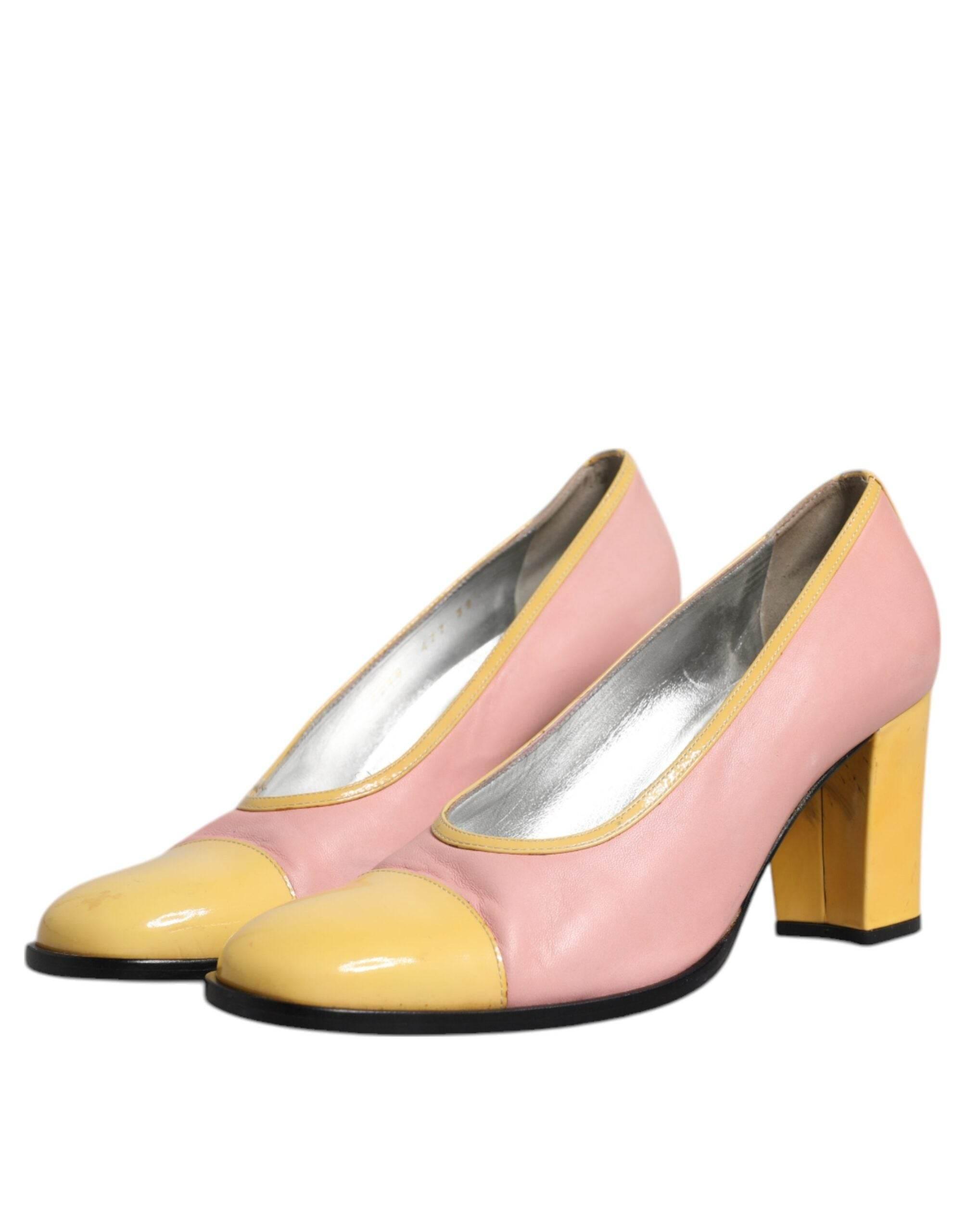 Dolce & Gabbana Pink Yellow Leather Block Heels Pumps Shoes - Hilstor