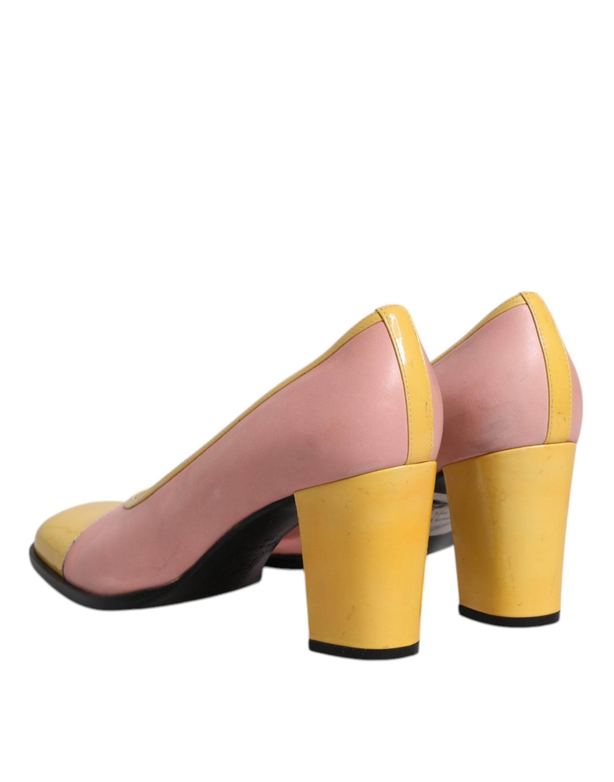 Dolce & Gabbana Pink Yellow Leather Block Heels Pumps Shoes - Hilstor