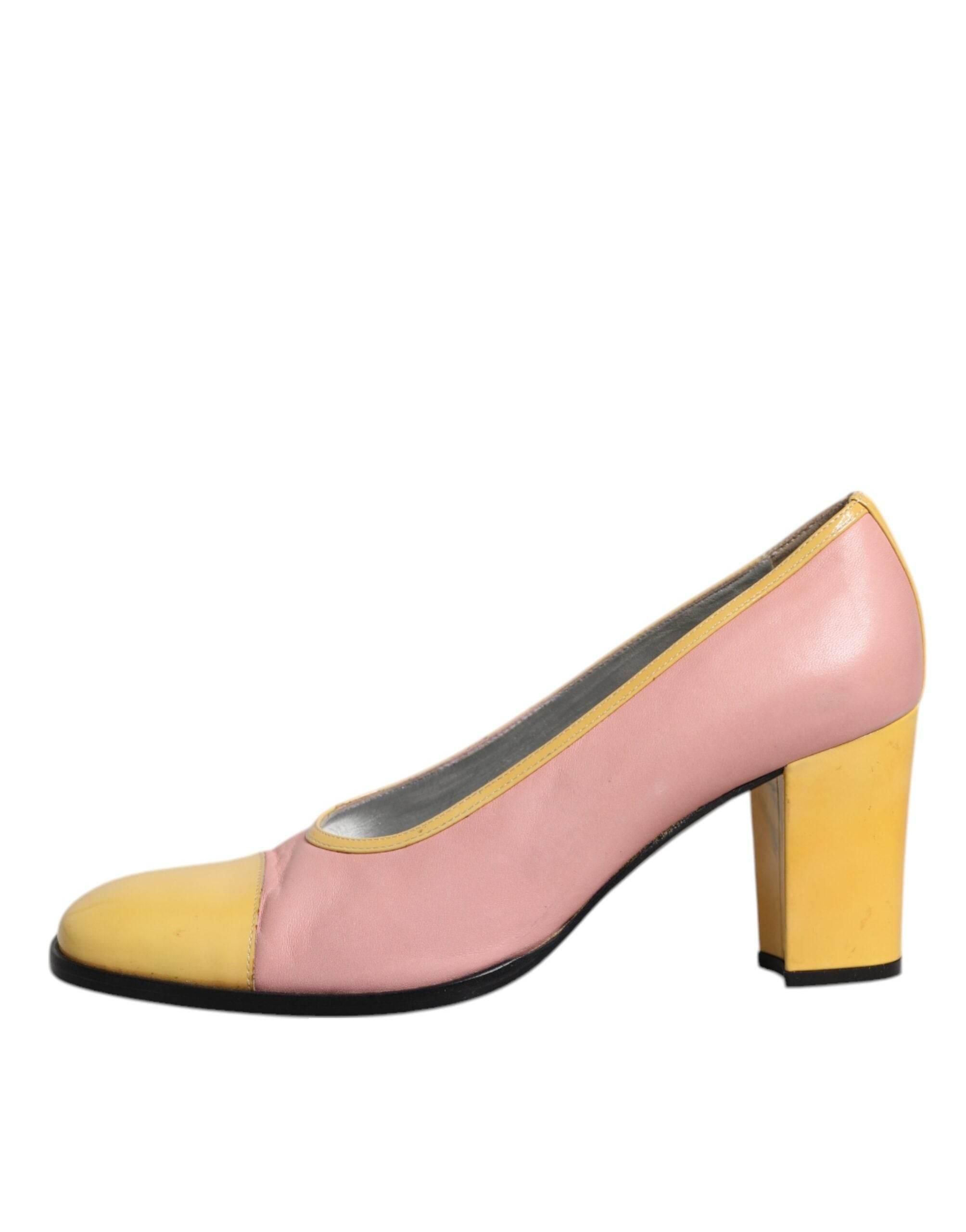 Dolce & Gabbana Pink Yellow Leather Block Heels Pumps Shoes - Hilstor