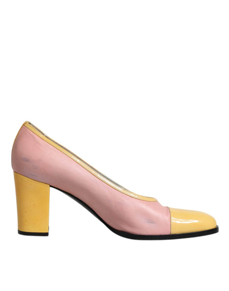 Dolce & Gabbana Pink Yellow Leather Block Heels Pumps Shoes - Hilstor