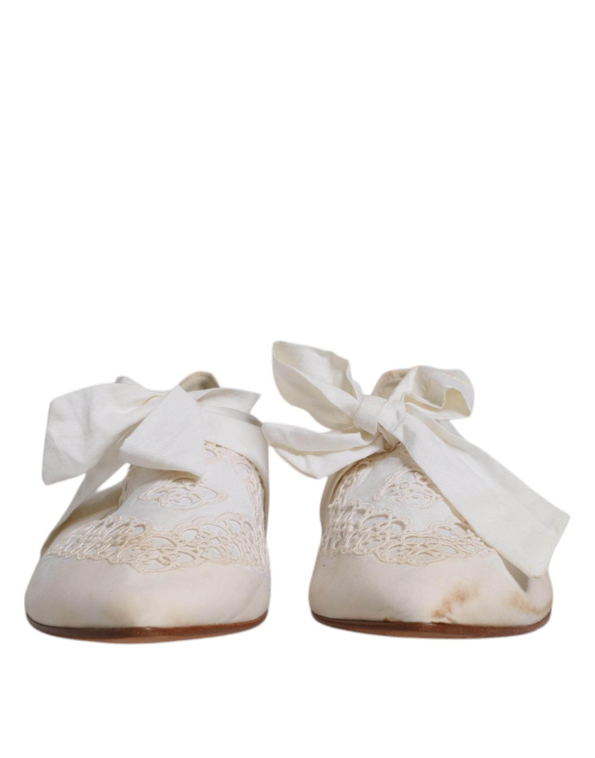 Dolce & Gabbana White Ribbon Fabric Ballerina Flats Shoes - Hilstor