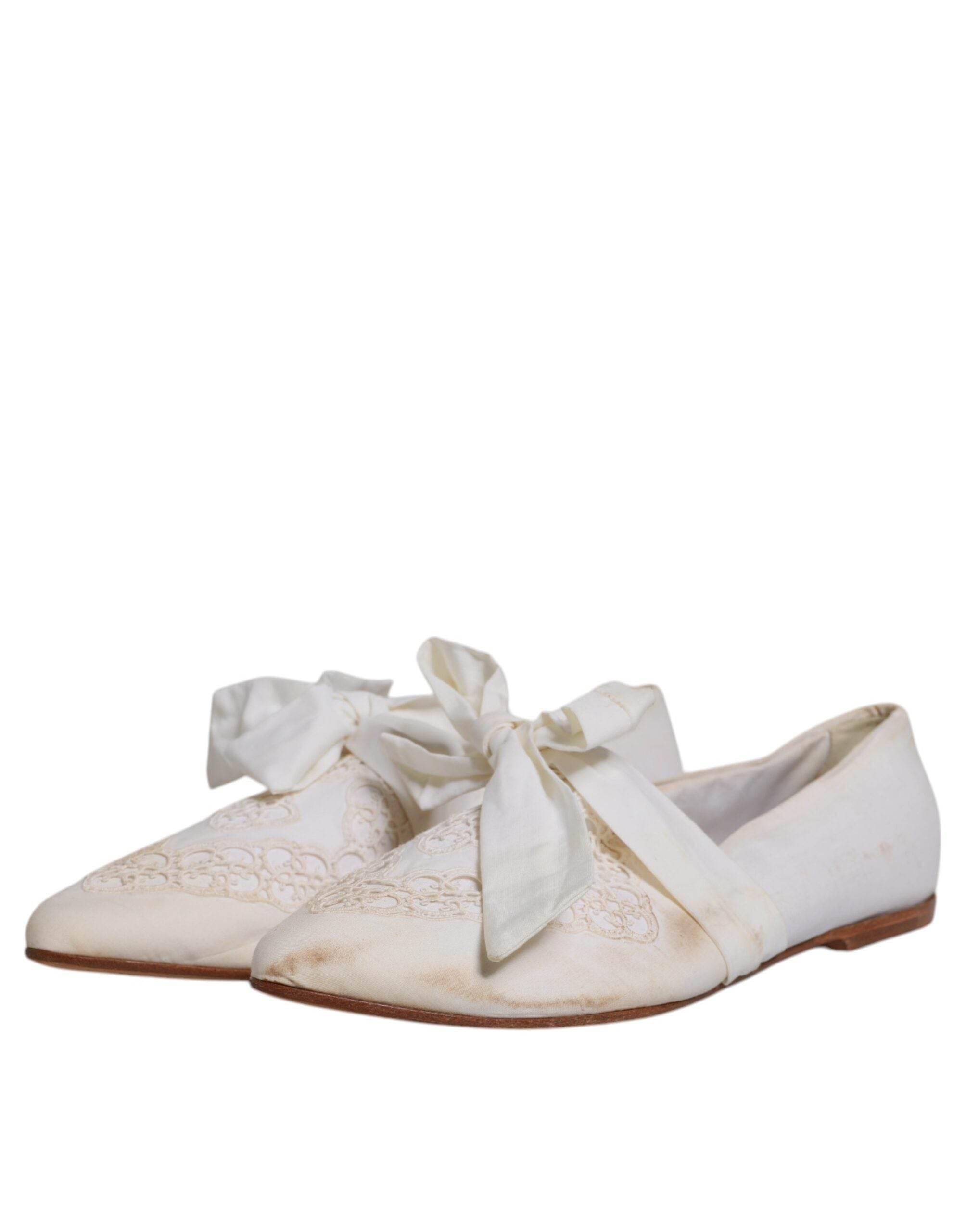 Dolce & Gabbana White Ribbon Fabric Ballerina Flats Shoes - Hilstor