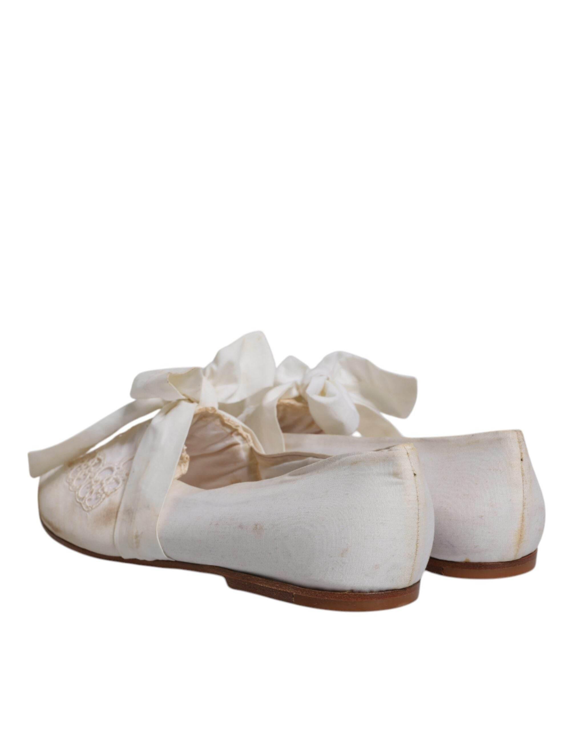 Dolce & Gabbana White Ribbon Fabric Ballerina Flats Shoes - Hilstor