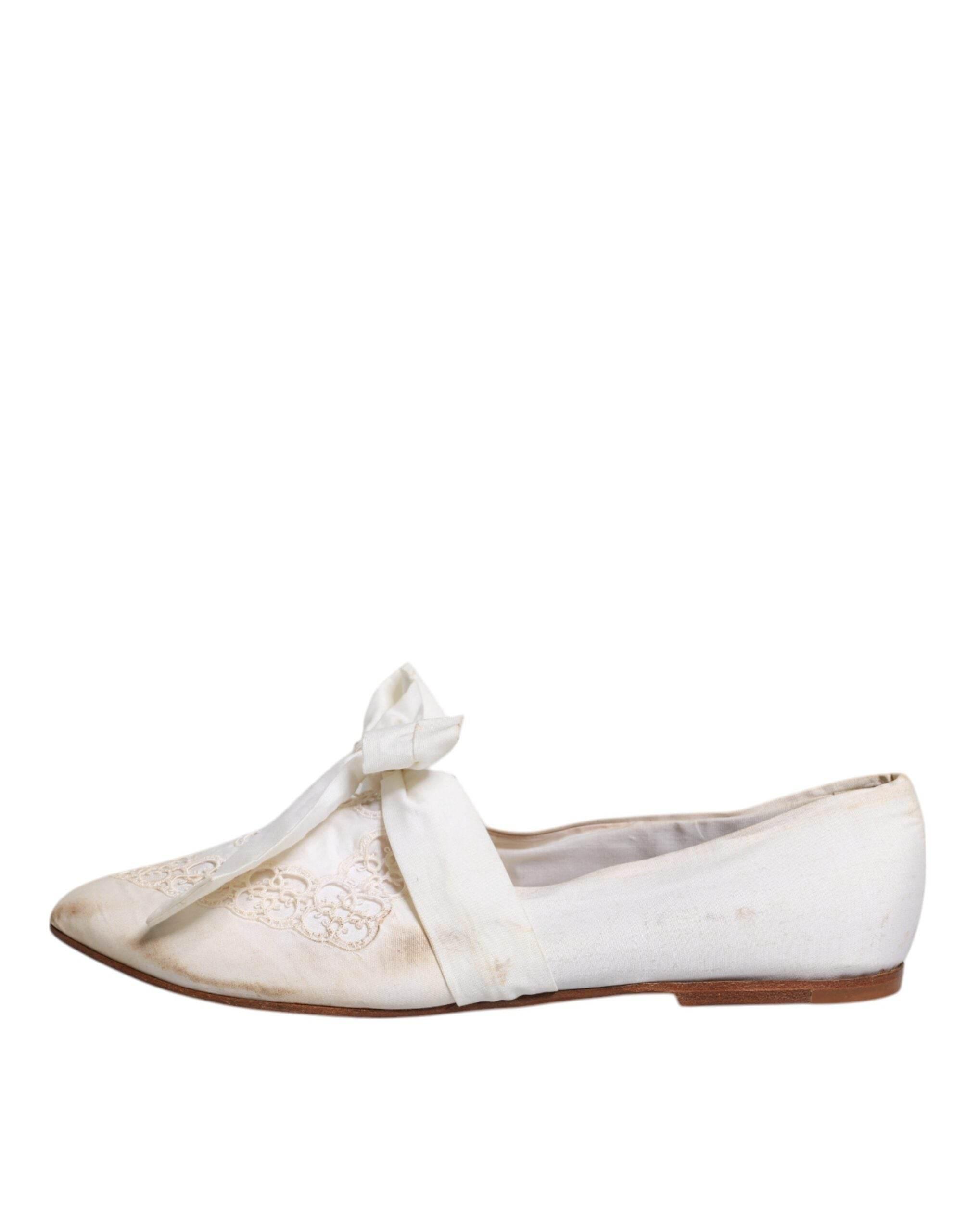 Dolce & Gabbana White Ribbon Fabric Ballerina Flats Shoes - Hilstor