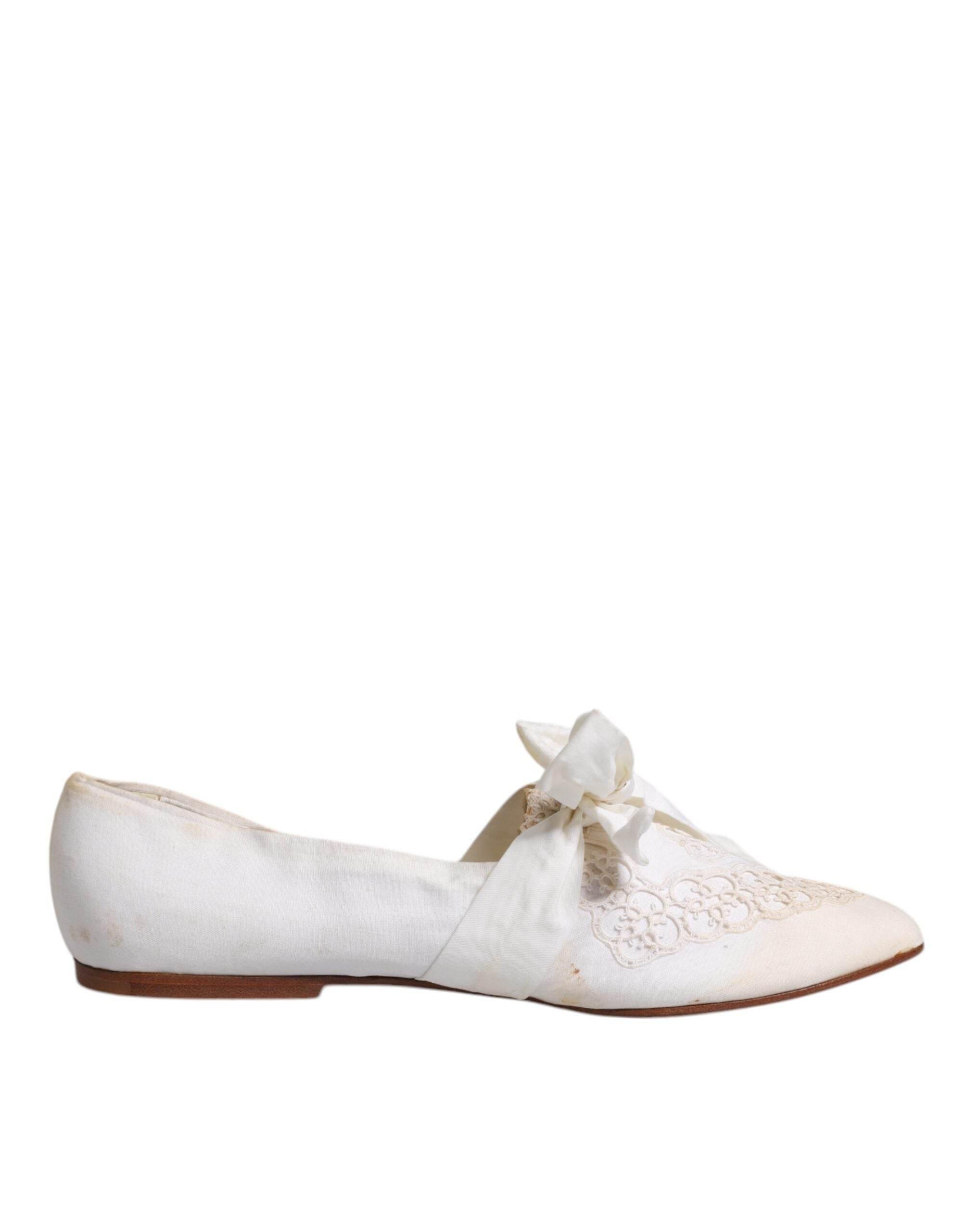 Dolce & Gabbana White Ribbon Fabric Ballerina Flats Shoes - Hilstor