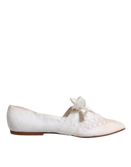 Dolce & Gabbana White Ribbon Fabric Ballerina Flats Shoes - Hilstor