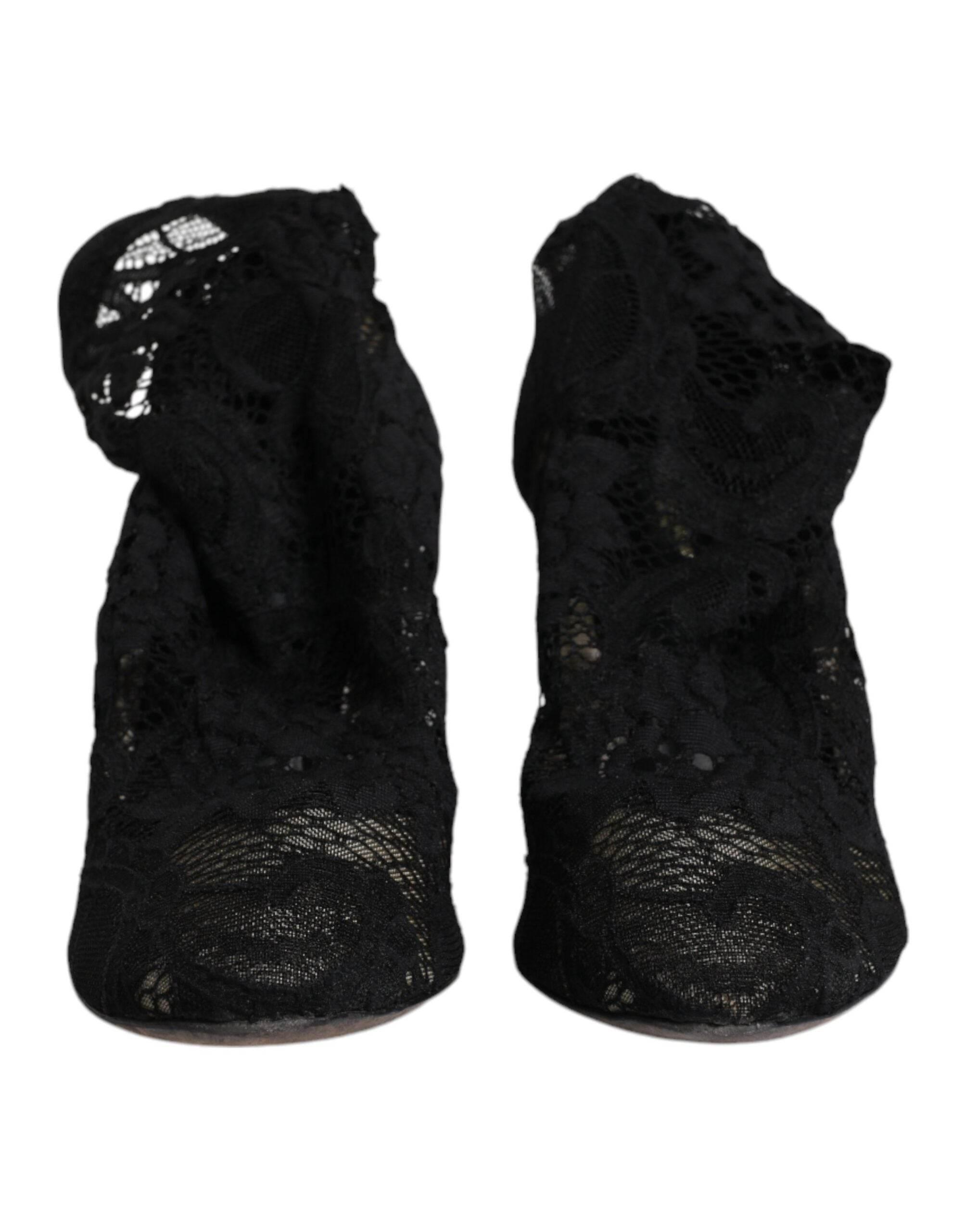 Dolce & Gabbana Black Lace Stretch Heels Mid Calf Boots Shoes - Hilstor