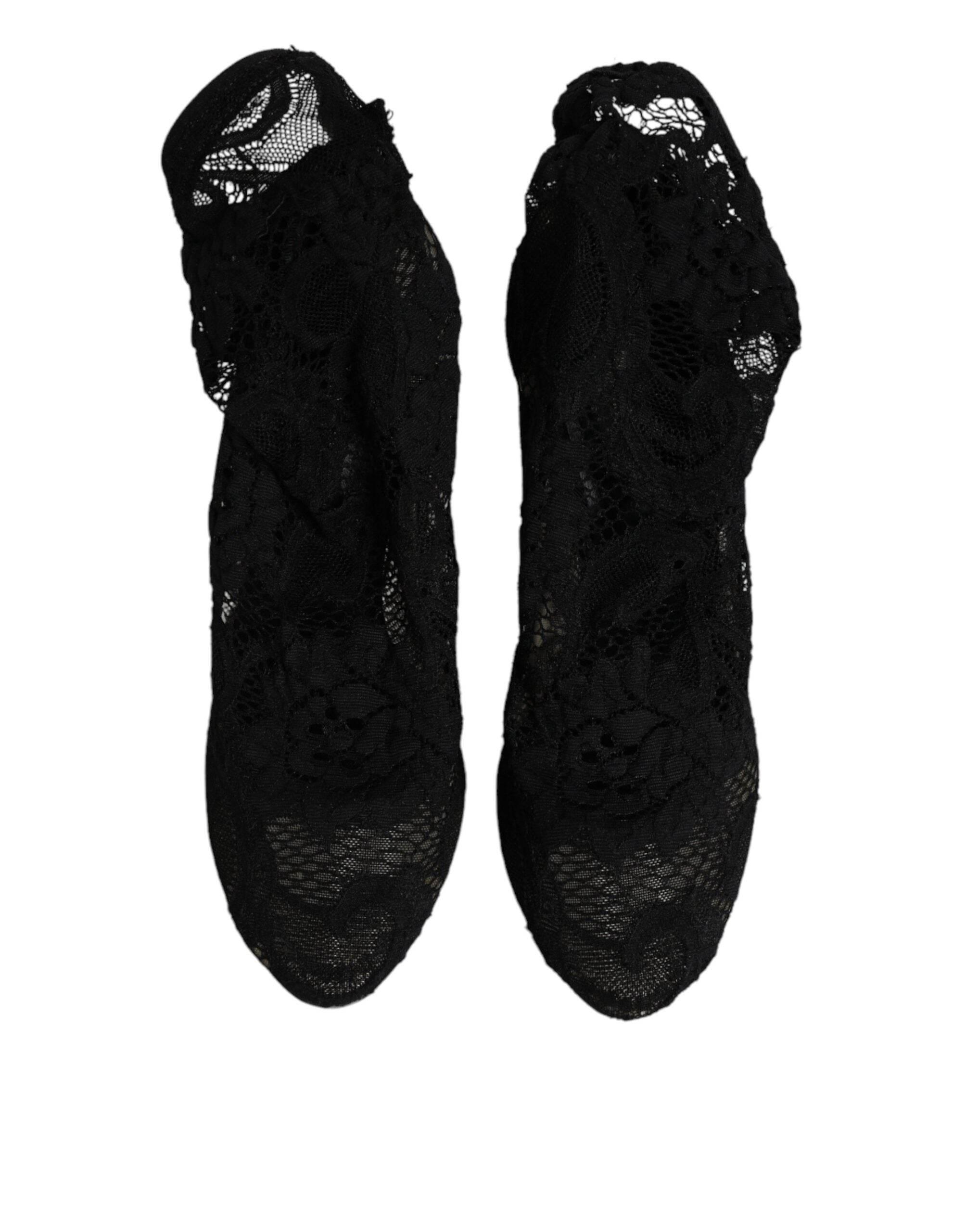 Dolce & Gabbana Black Lace Stretch Heels Mid Calf Boots Shoes - Hilstor