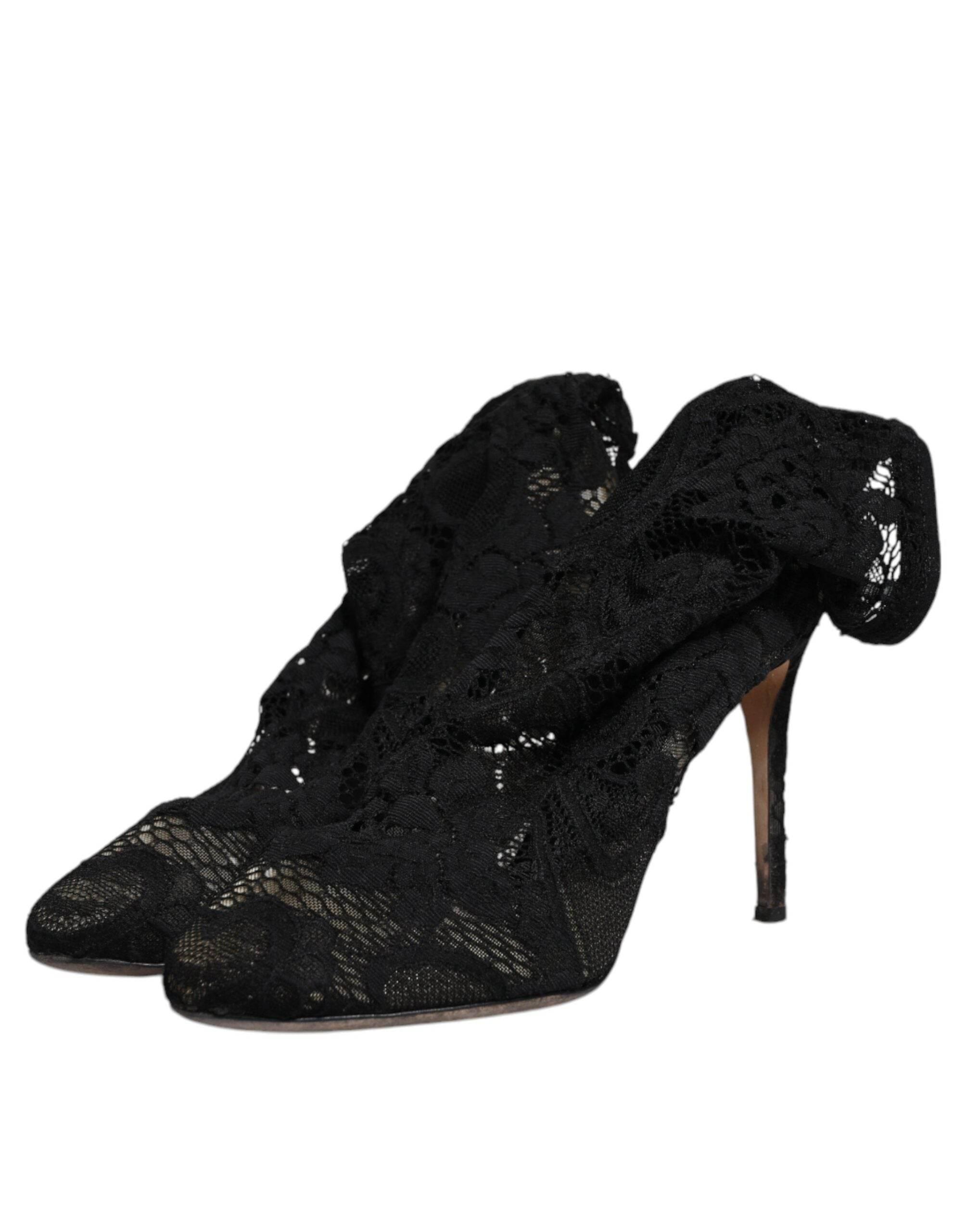 Dolce & Gabbana Black Lace Stretch Heels Mid Calf Boots Shoes - Hilstor