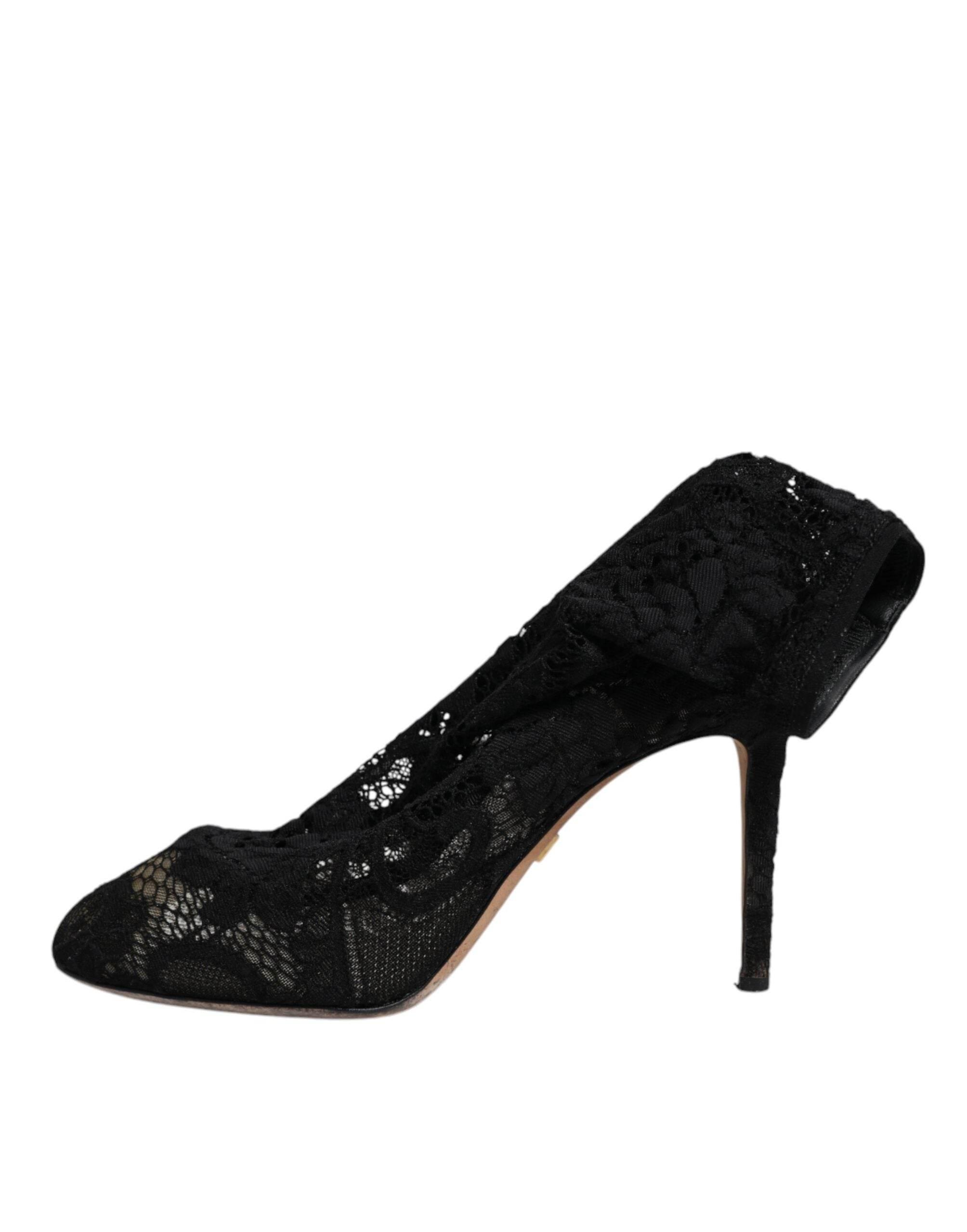 Dolce & Gabbana Black Lace Stretch Heels Mid Calf Boots Shoes - Hilstor