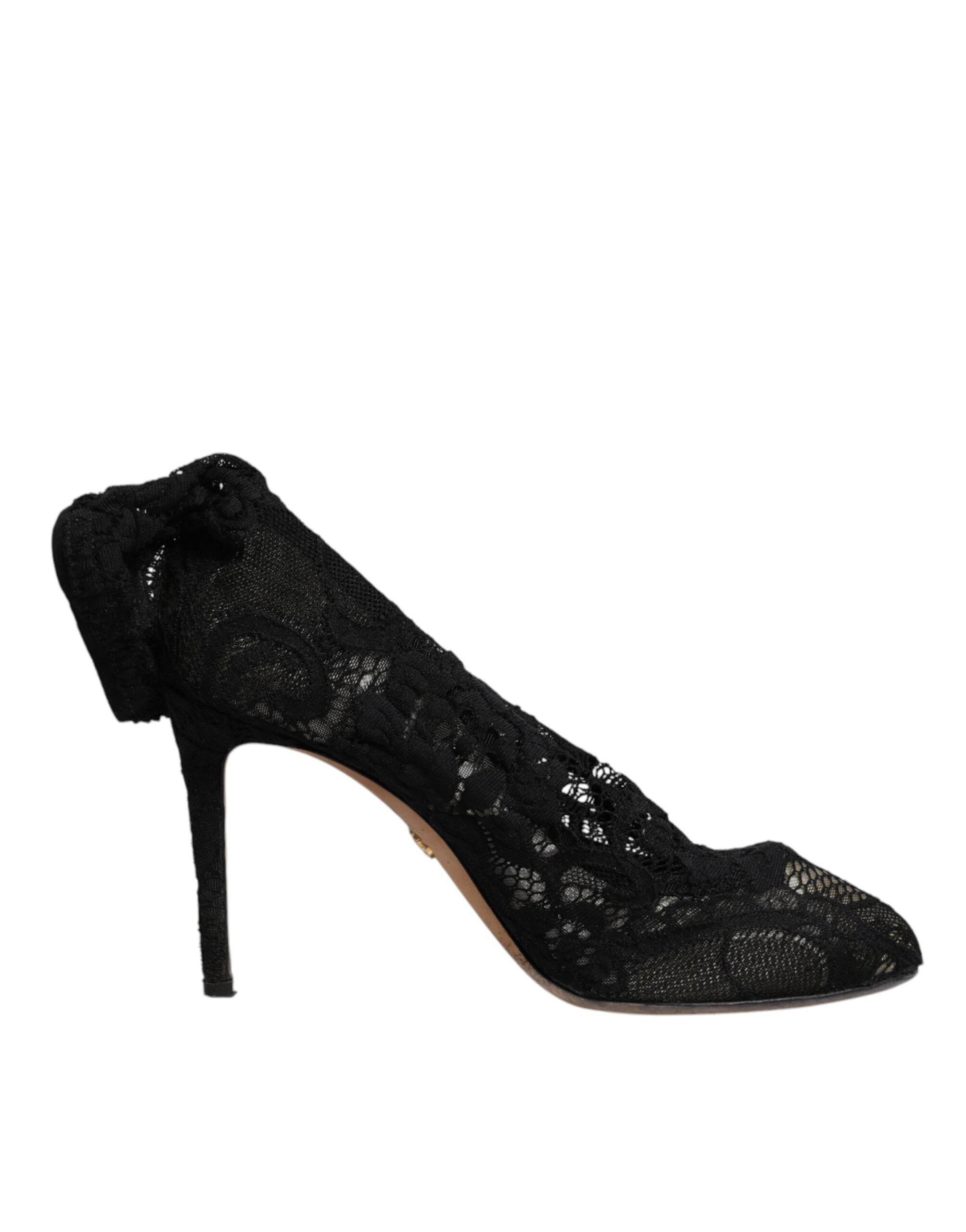 Dolce & Gabbana Black Lace Stretch Heels Mid Calf Boots Shoes - Hilstor
