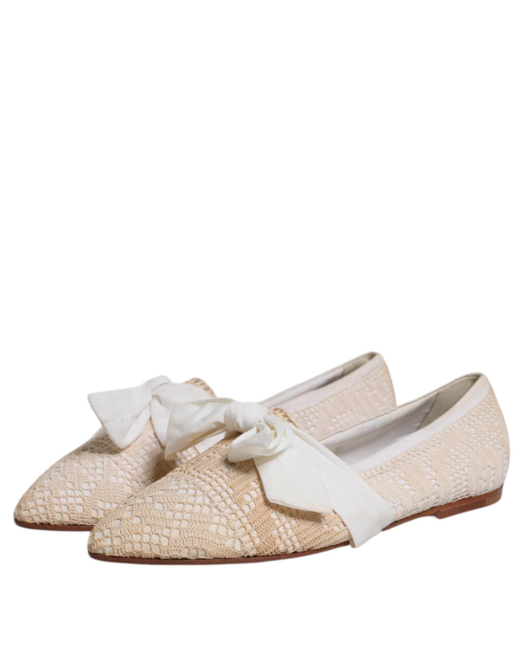 Dolce & Gabbana Beige Ribbon Fabric Ballerina Flats Shoes - Hilstor