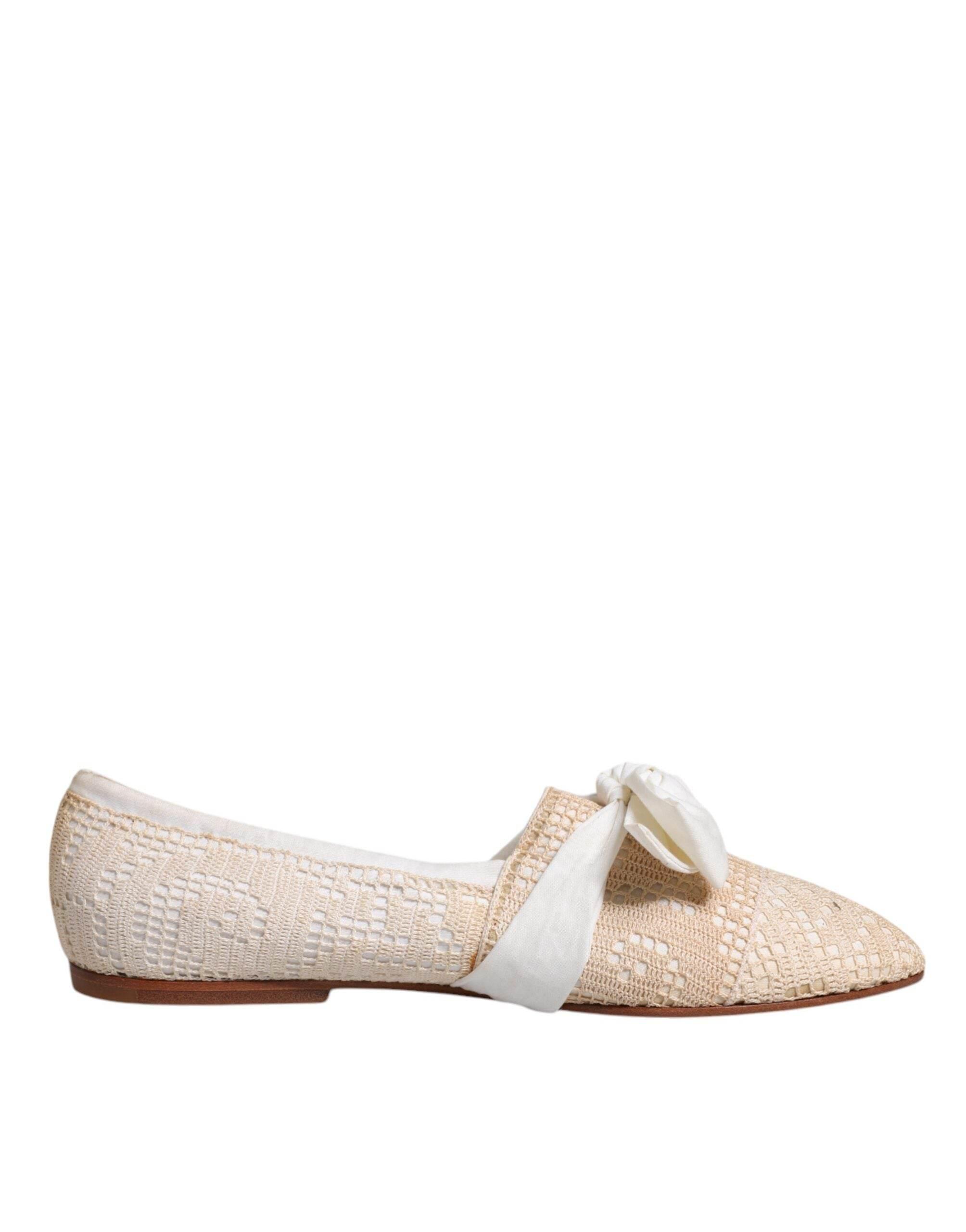 Dolce & Gabbana Beige Ribbon Fabric Ballerina Flats Shoes - Hilstor