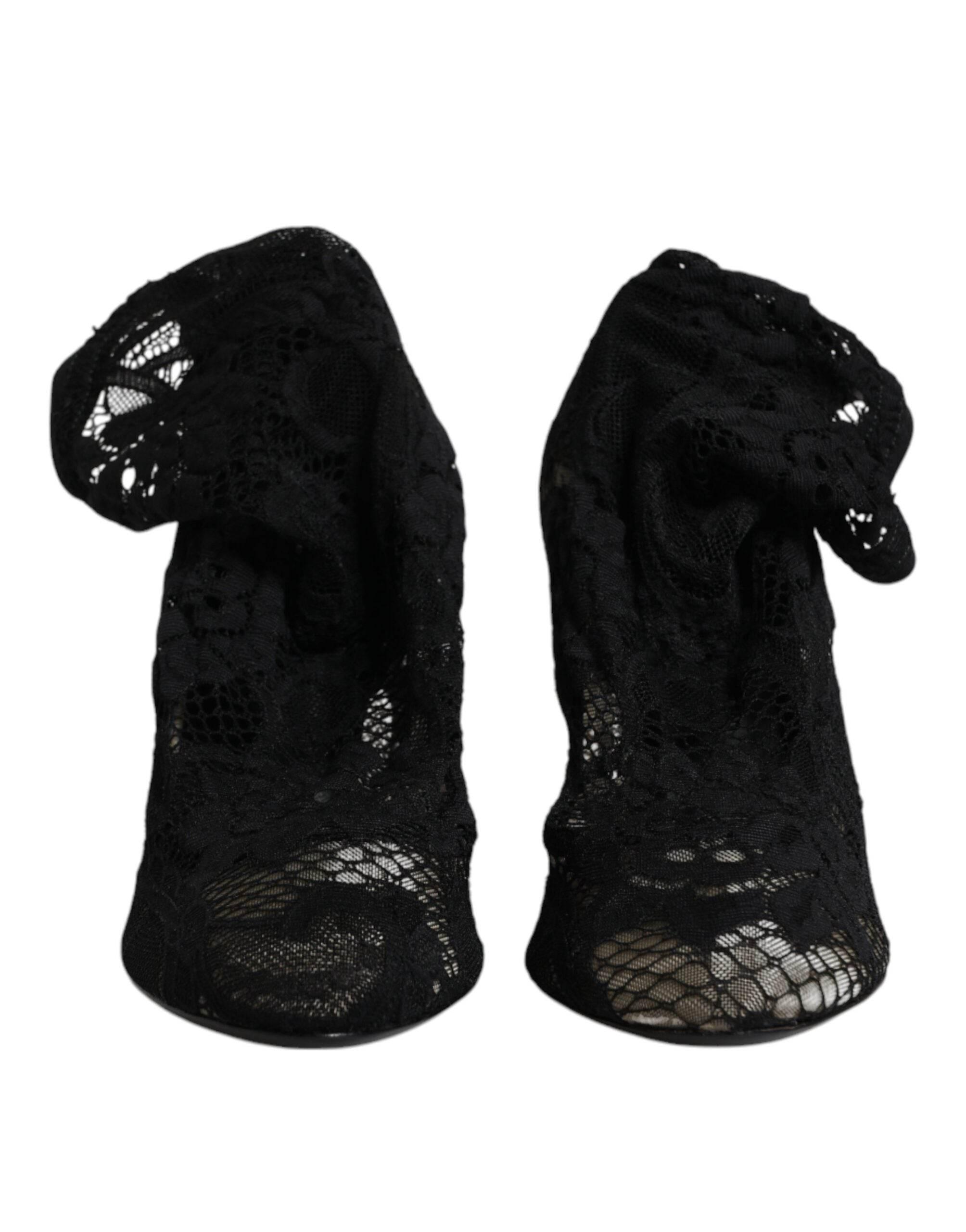 Dolce & Gabbana Black Lace Stretch Heels Mid Calf Boots Shoes - Hilstor