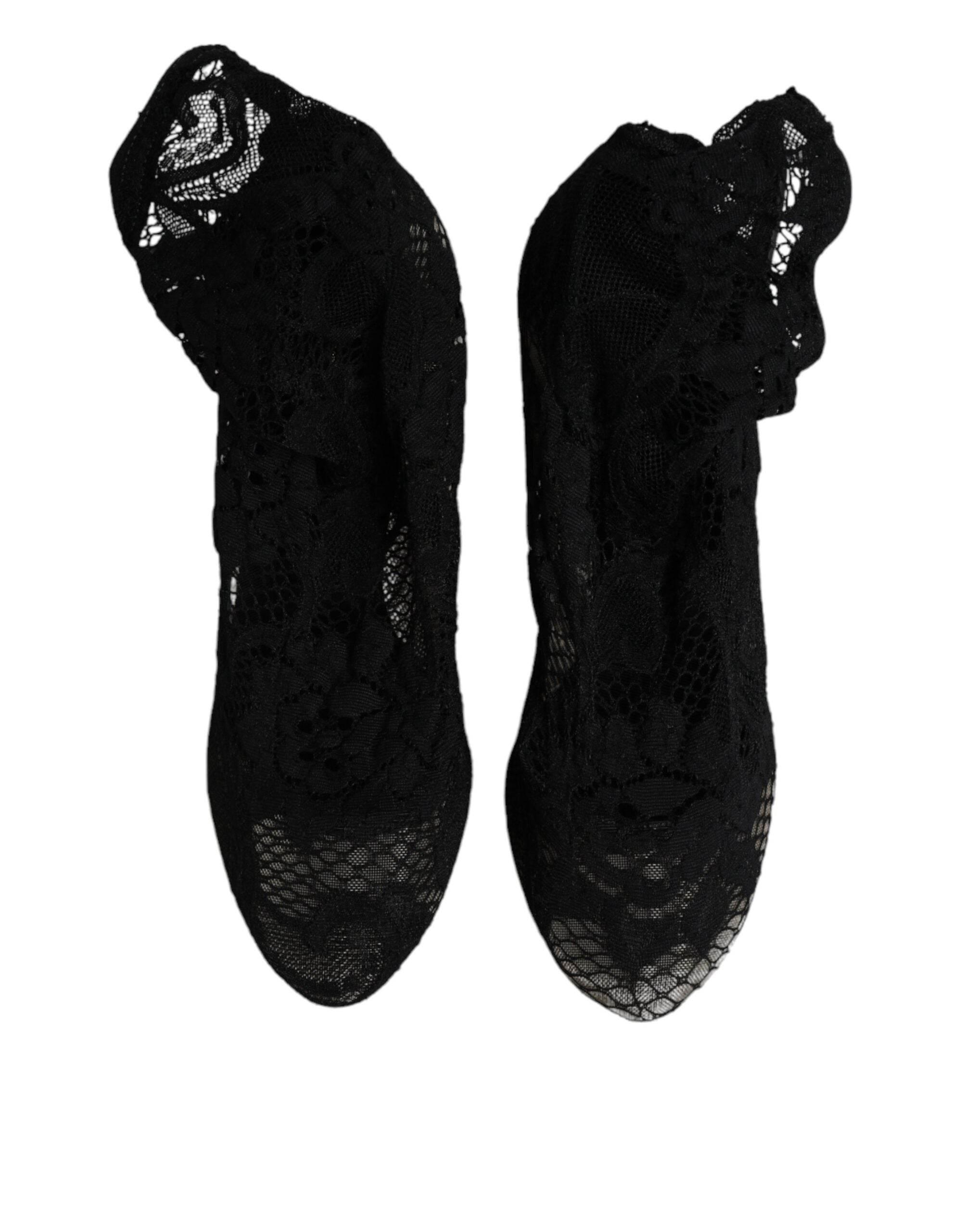 Dolce & Gabbana Black Lace Stretch Heels Mid Calf Boots Shoes - Hilstor