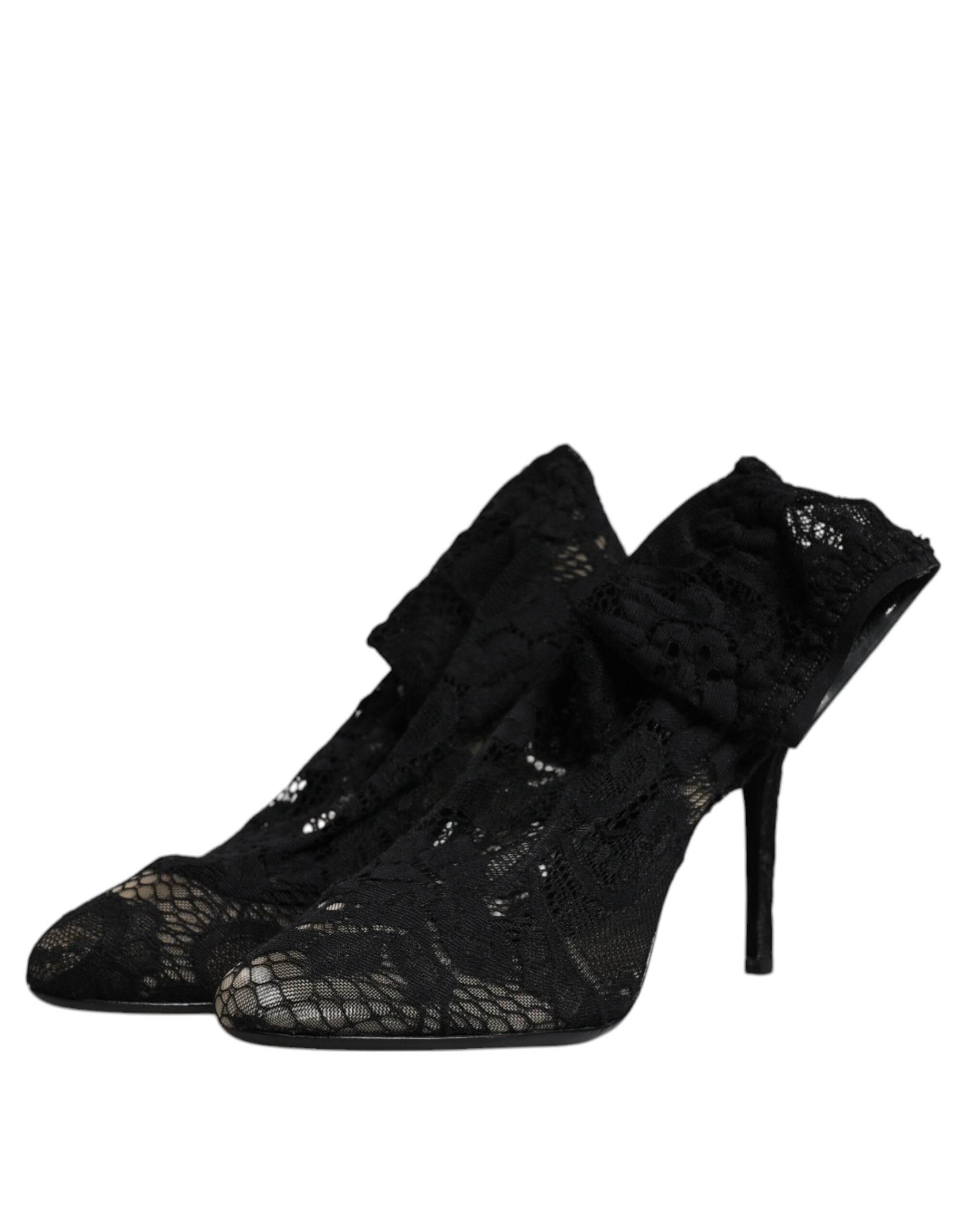 Dolce & Gabbana Black Lace Stretch Heels Mid Calf Boots Shoes - Hilstor