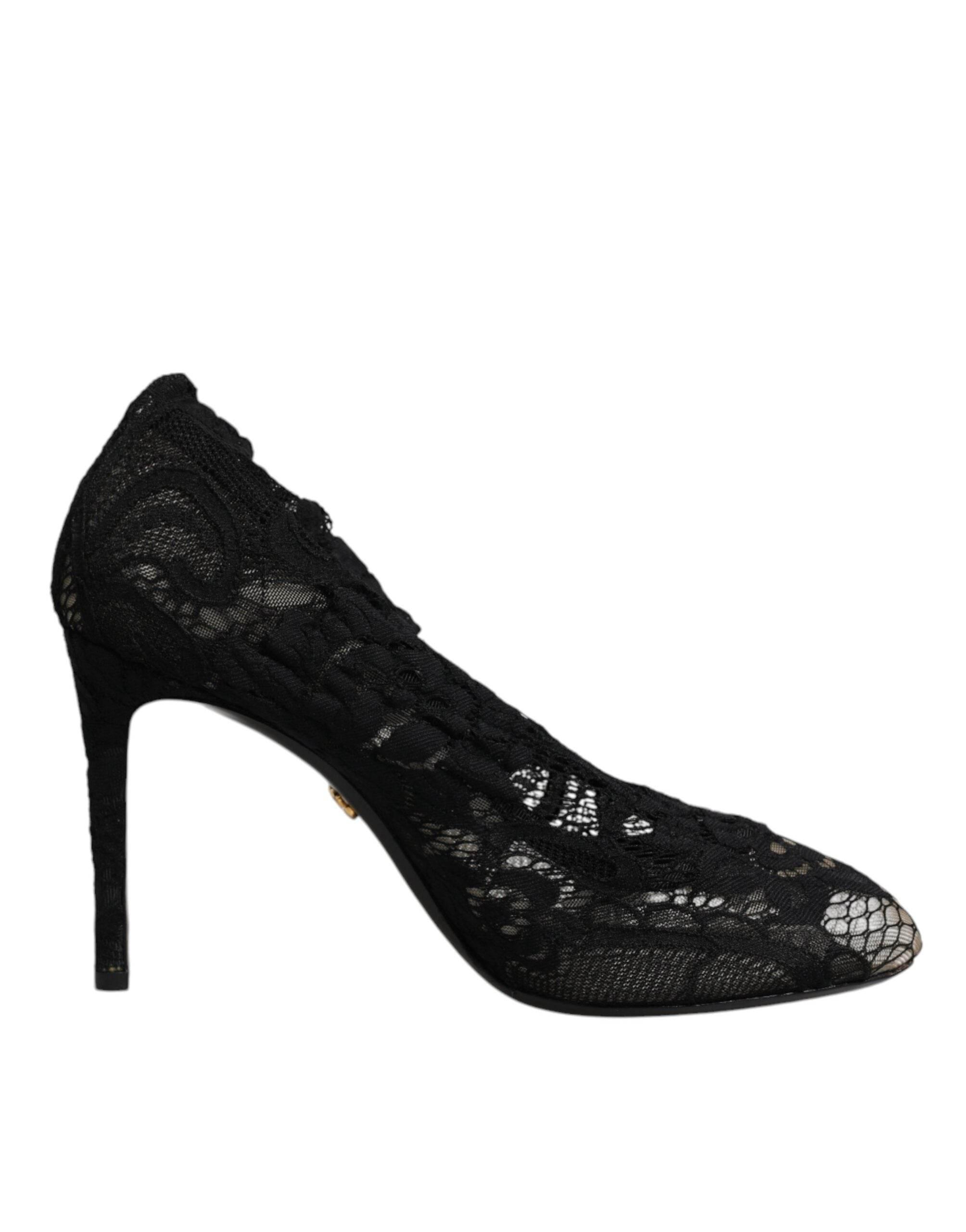 Dolce & Gabbana Black Lace Stretch Heels Mid Calf Boots Shoes - Hilstor