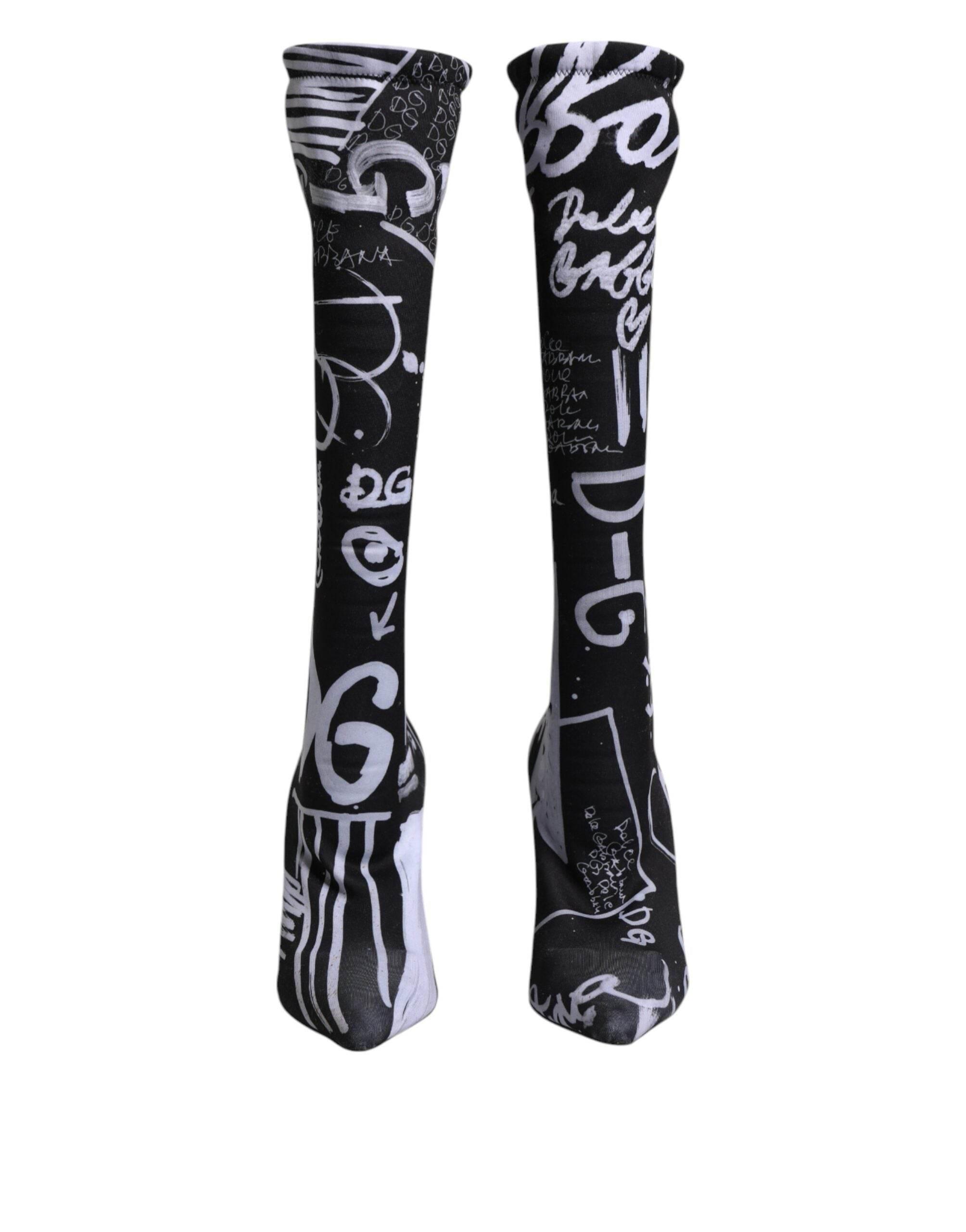 Dolce & Gabbana Black Logo Stretch Heels High Boots Shoes - Hilstor