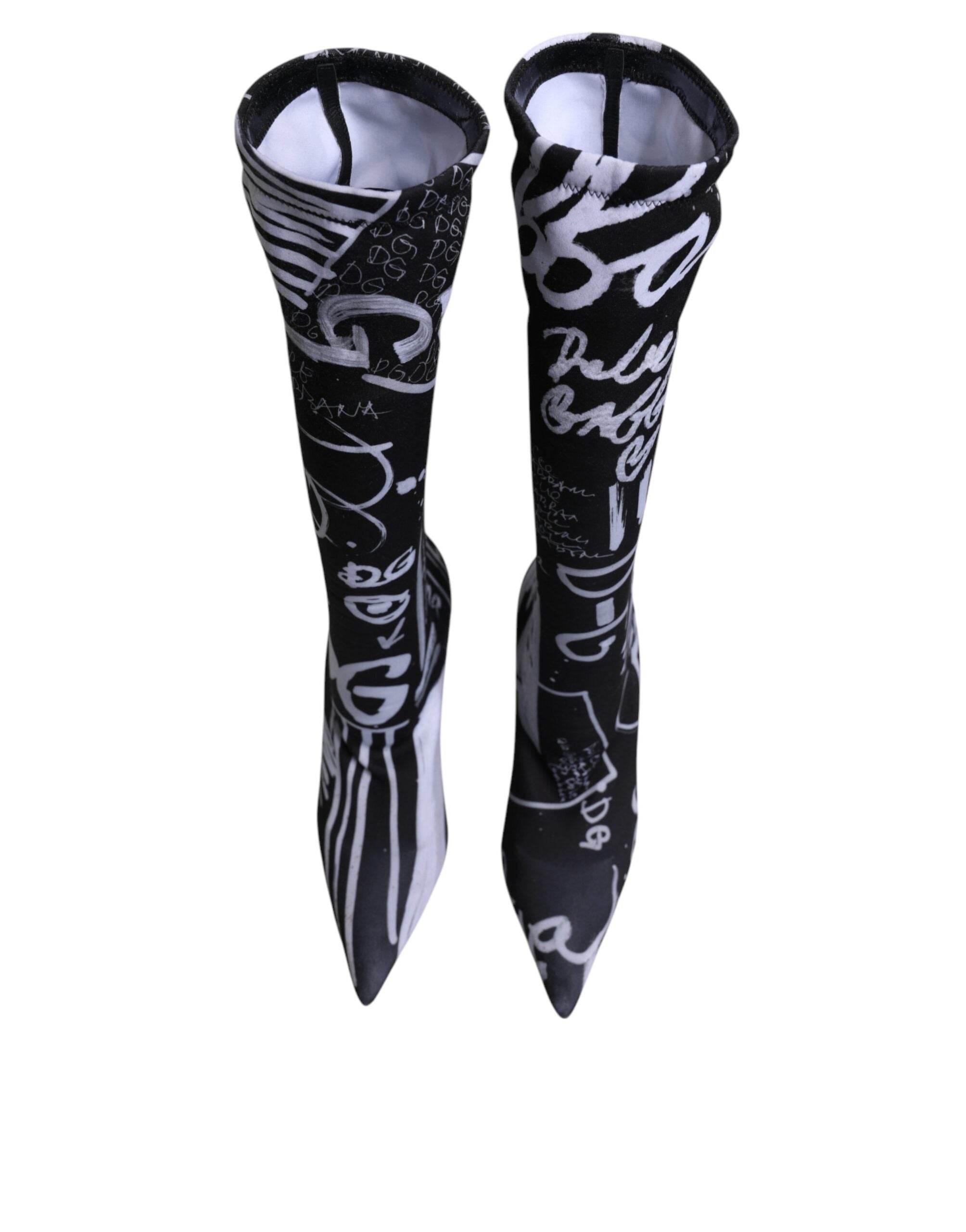Dolce & Gabbana Black Logo Stretch Heels High Boots Shoes - Hilstor