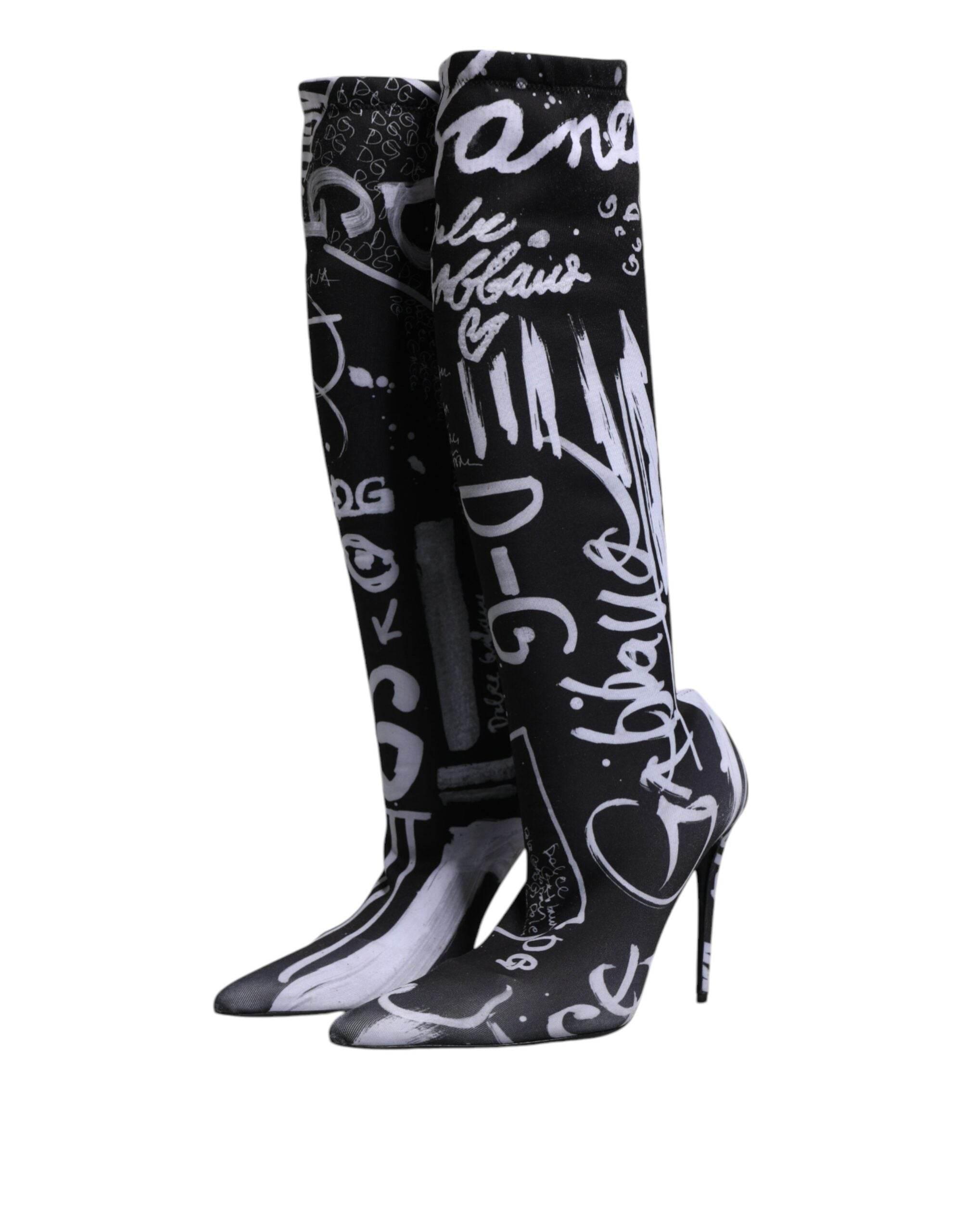 Dolce & Gabbana Black Logo Stretch Heels High Boots Shoes - Hilstor