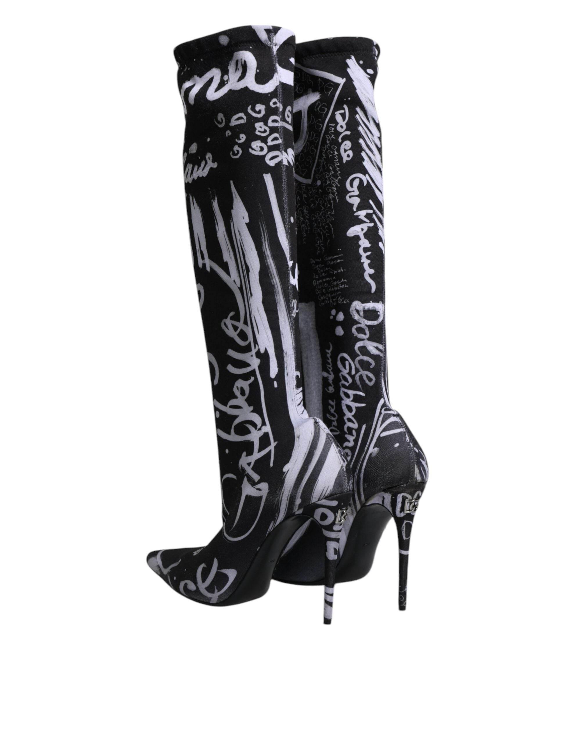 Dolce & Gabbana Black Logo Stretch Heels High Boots Shoes - Hilstor