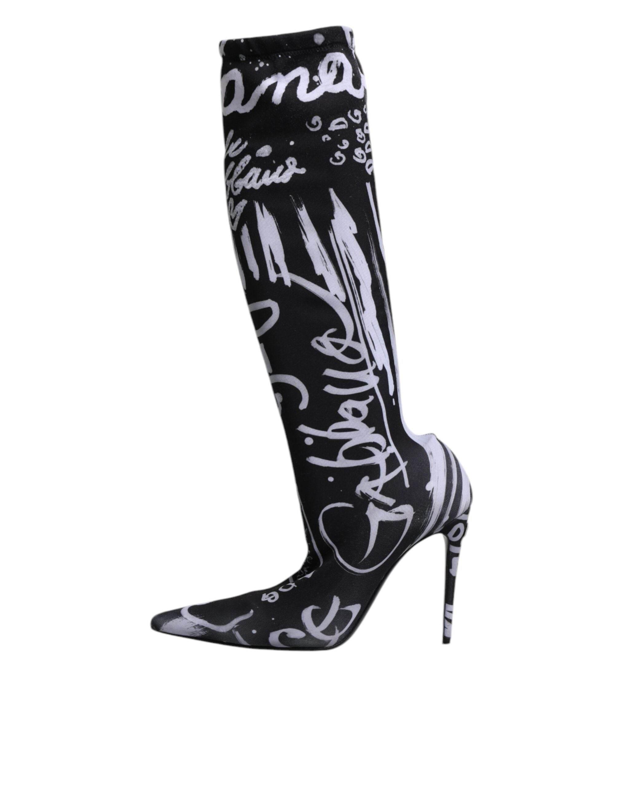 Dolce & Gabbana Black Logo Stretch Heels High Boots Shoes - Hilstor