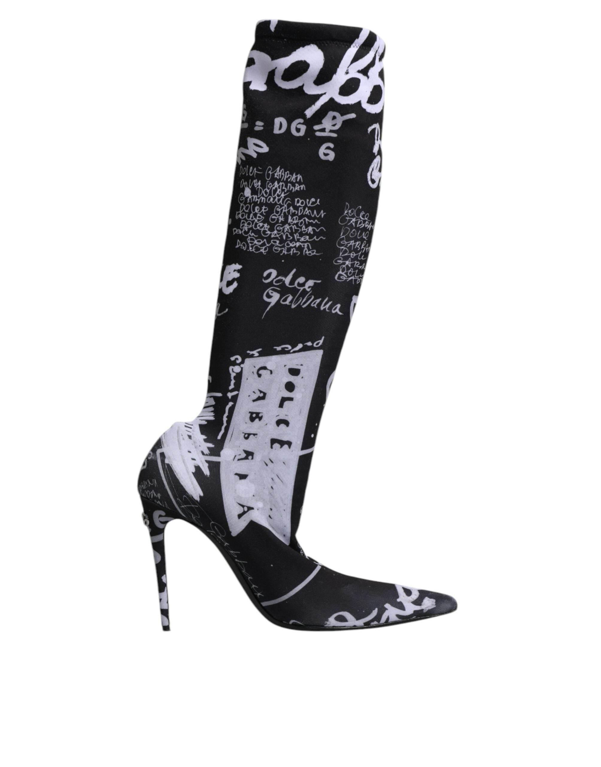 Dolce & Gabbana Black Logo Stretch Heels High Boots Shoes - Hilstor