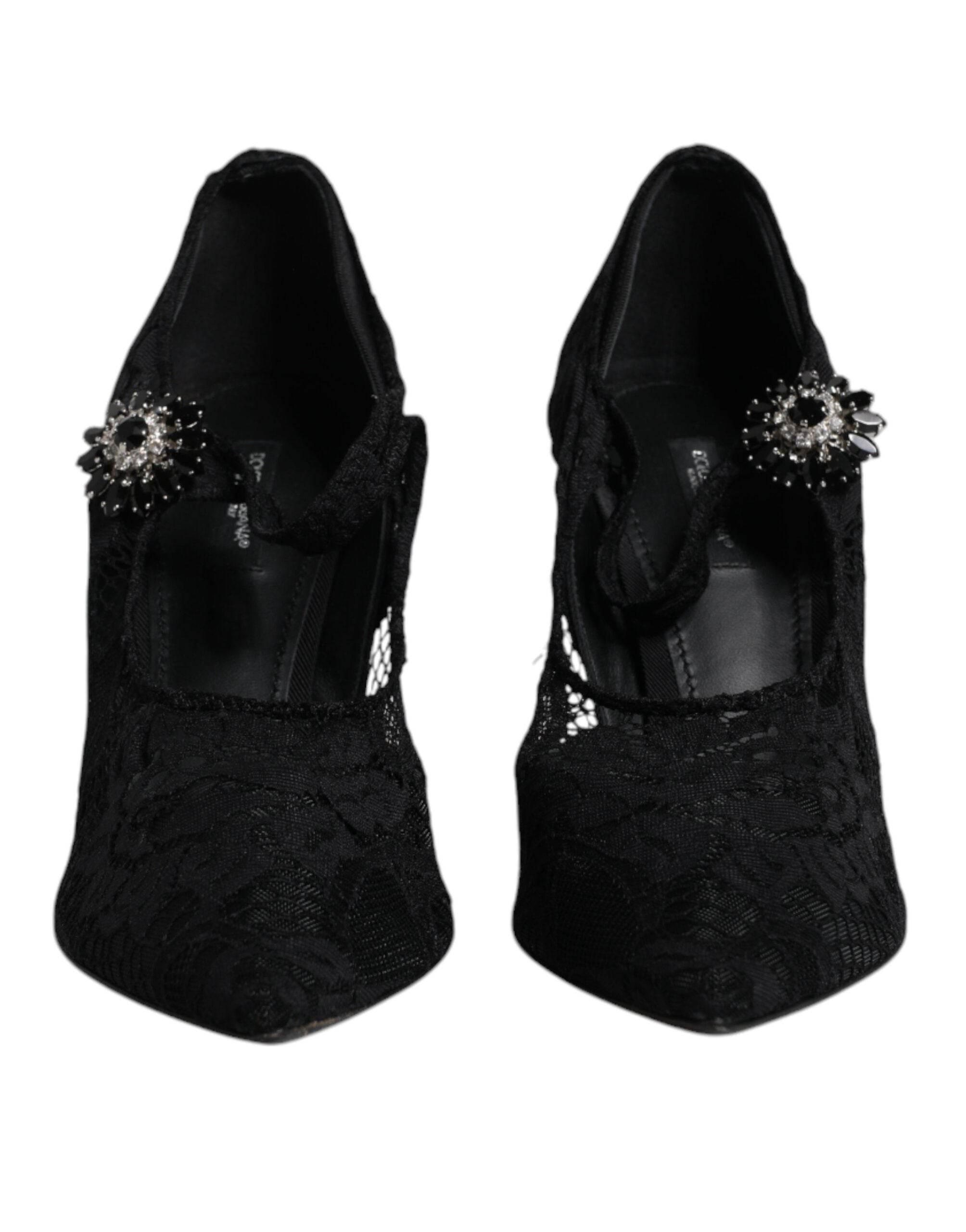 Dolce & Gabbana Black Lace Crystals Mary Jane Pumps Shoes - Hilstor