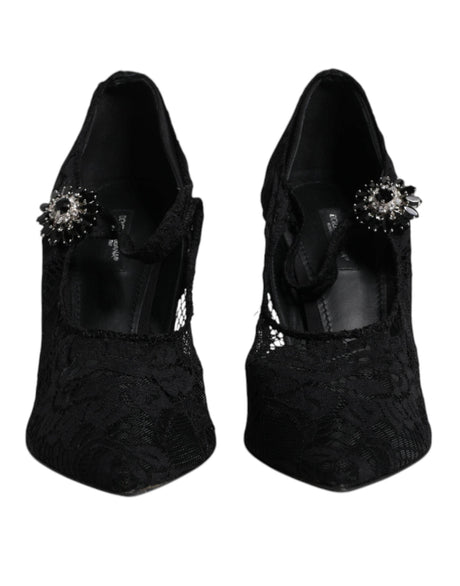 Dolce & Gabbana Black Lace Crystals Mary Jane Pumps Shoes - Hilstor