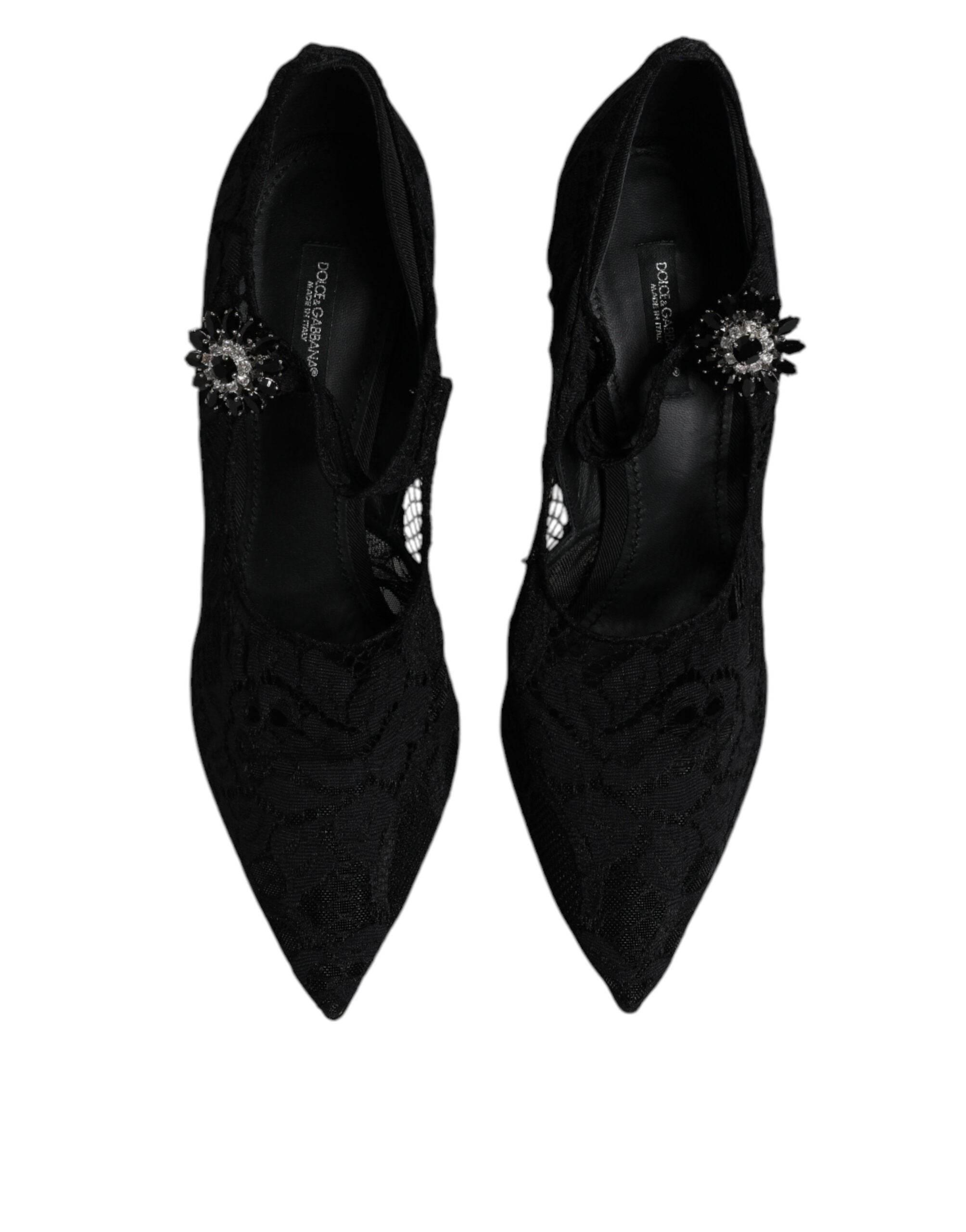 Dolce & Gabbana Black Lace Crystals Mary Jane Pumps Shoes - Hilstor