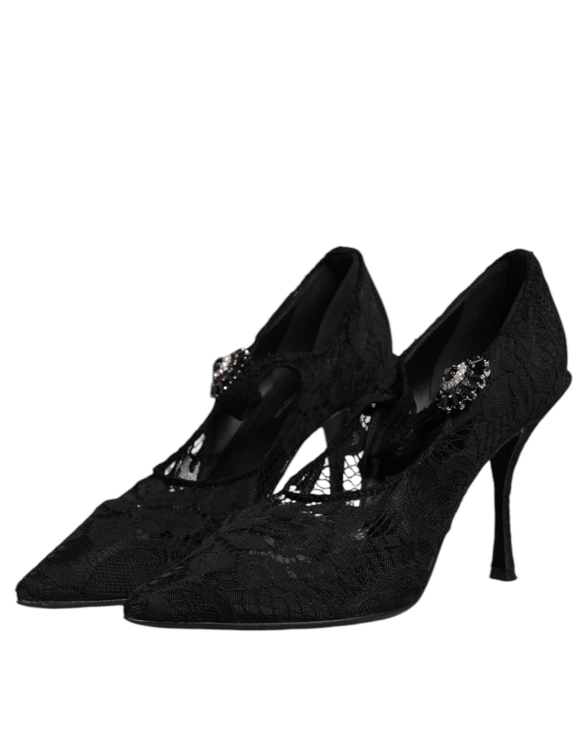 Dolce & Gabbana Black Lace Crystals Mary Jane Pumps Shoes - Hilstor
