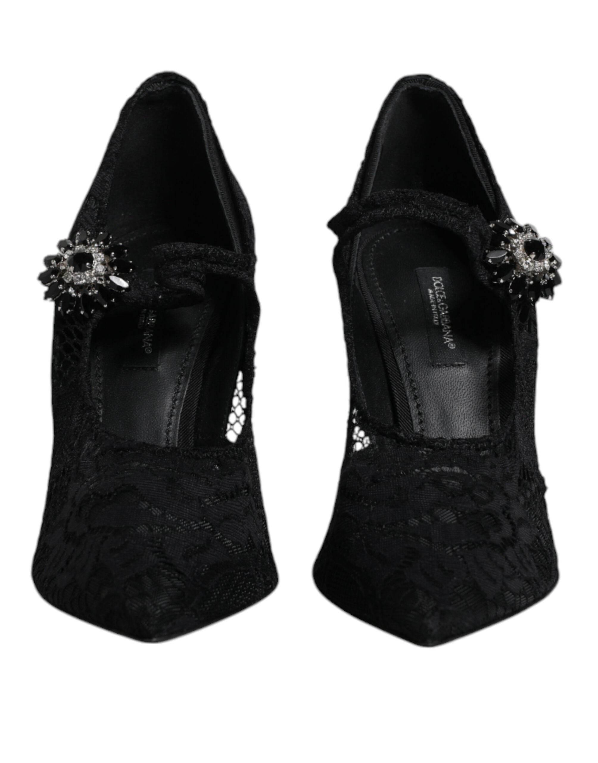 Dolce & Gabbana Black Lace Crystals Mary Jane Pumps Shoes - Hilstor