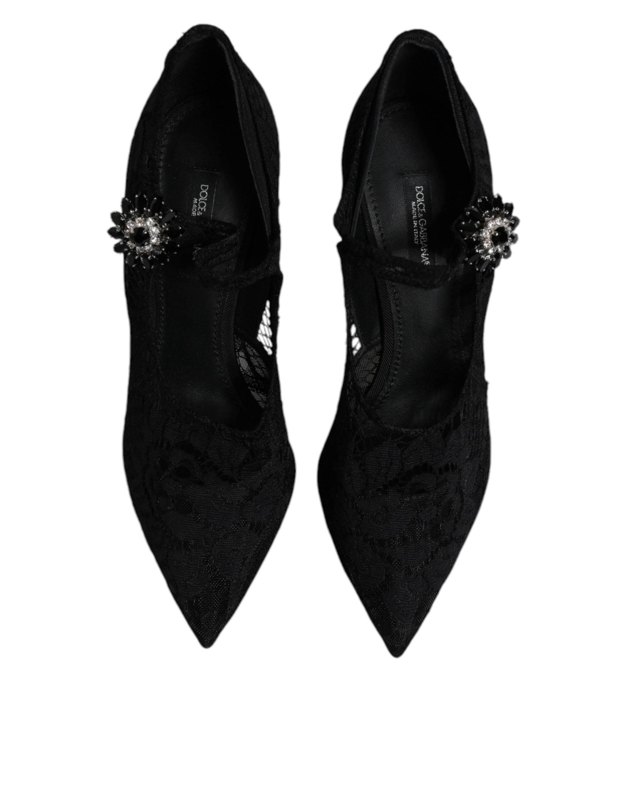 Dolce & Gabbana Black Lace Crystals Mary Jane Pumps Shoes - Hilstor