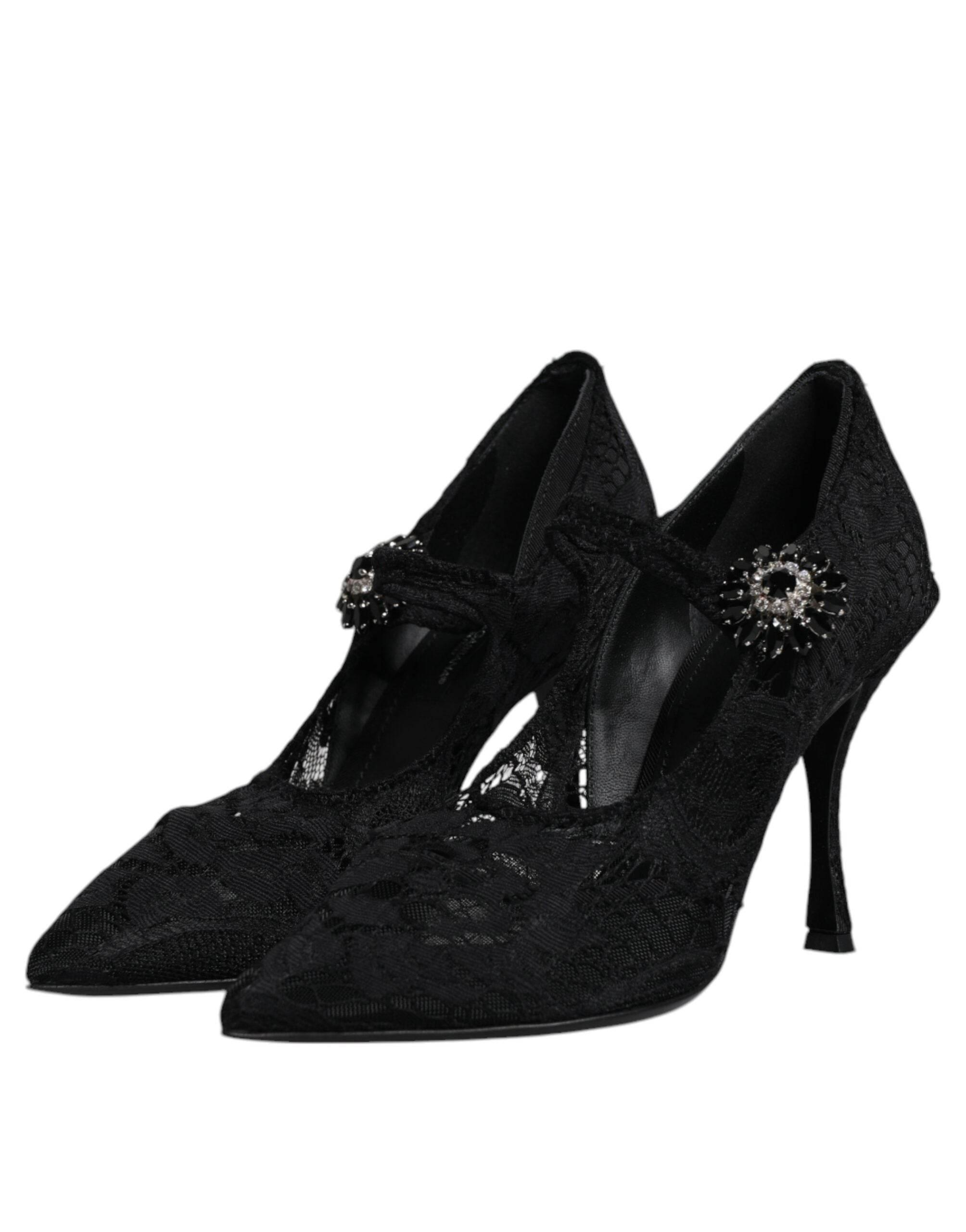 Dolce & Gabbana Black Lace Crystals Mary Jane Pumps Shoes - Hilstor