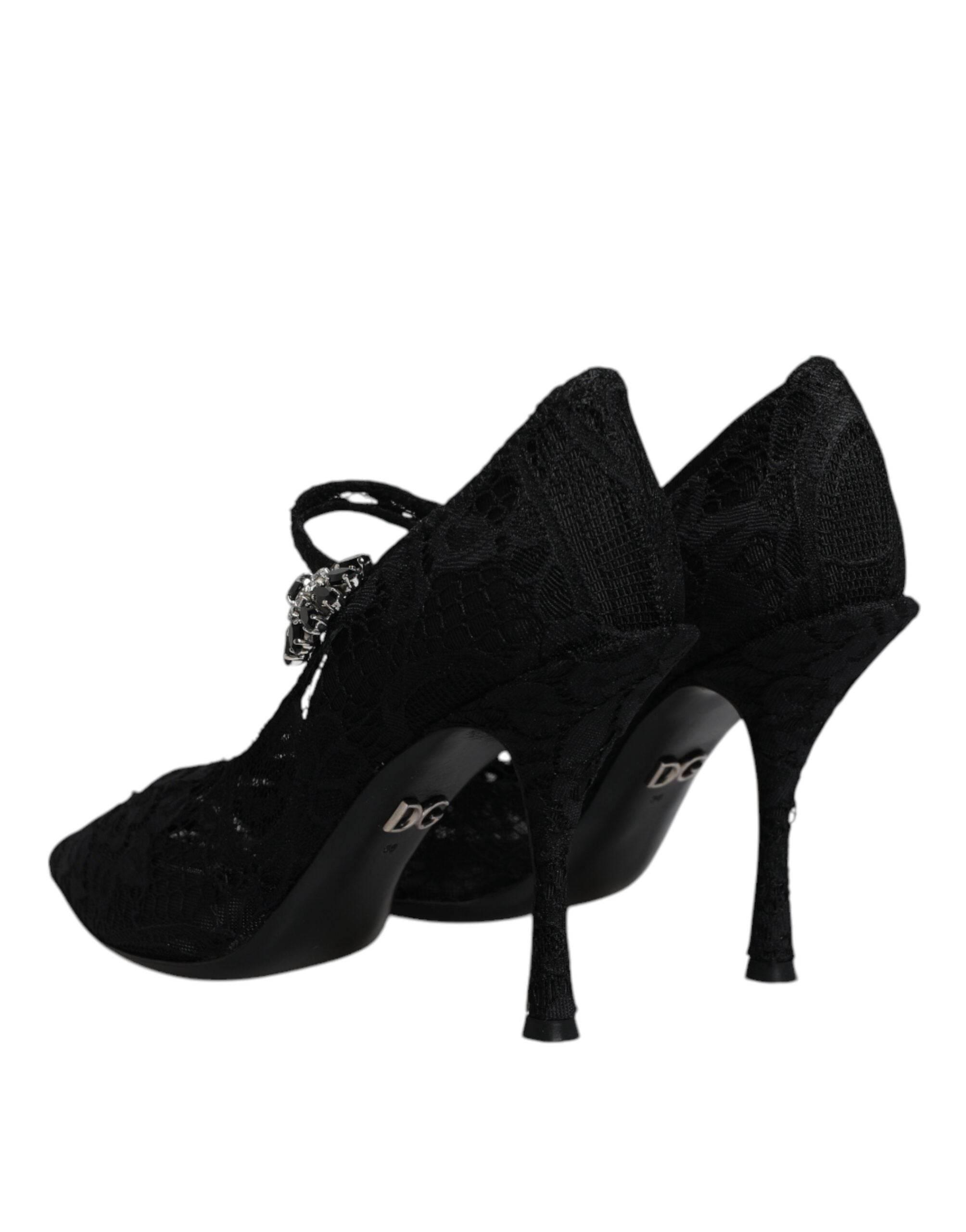 Dolce & Gabbana Black Lace Crystals Mary Jane Pumps Shoes - Hilstor