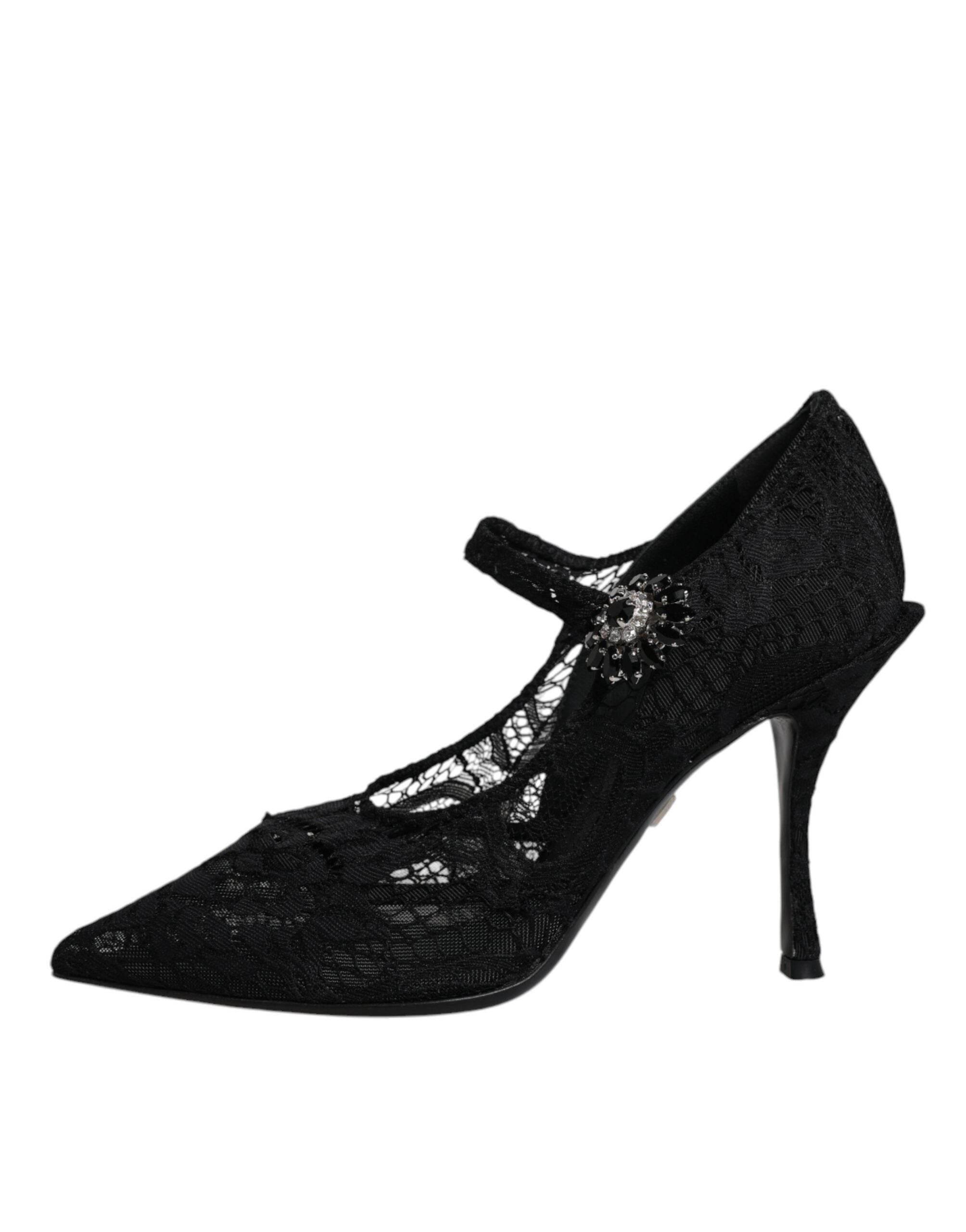 Dolce & Gabbana Black Lace Crystals Mary Jane Pumps Shoes - Hilstor