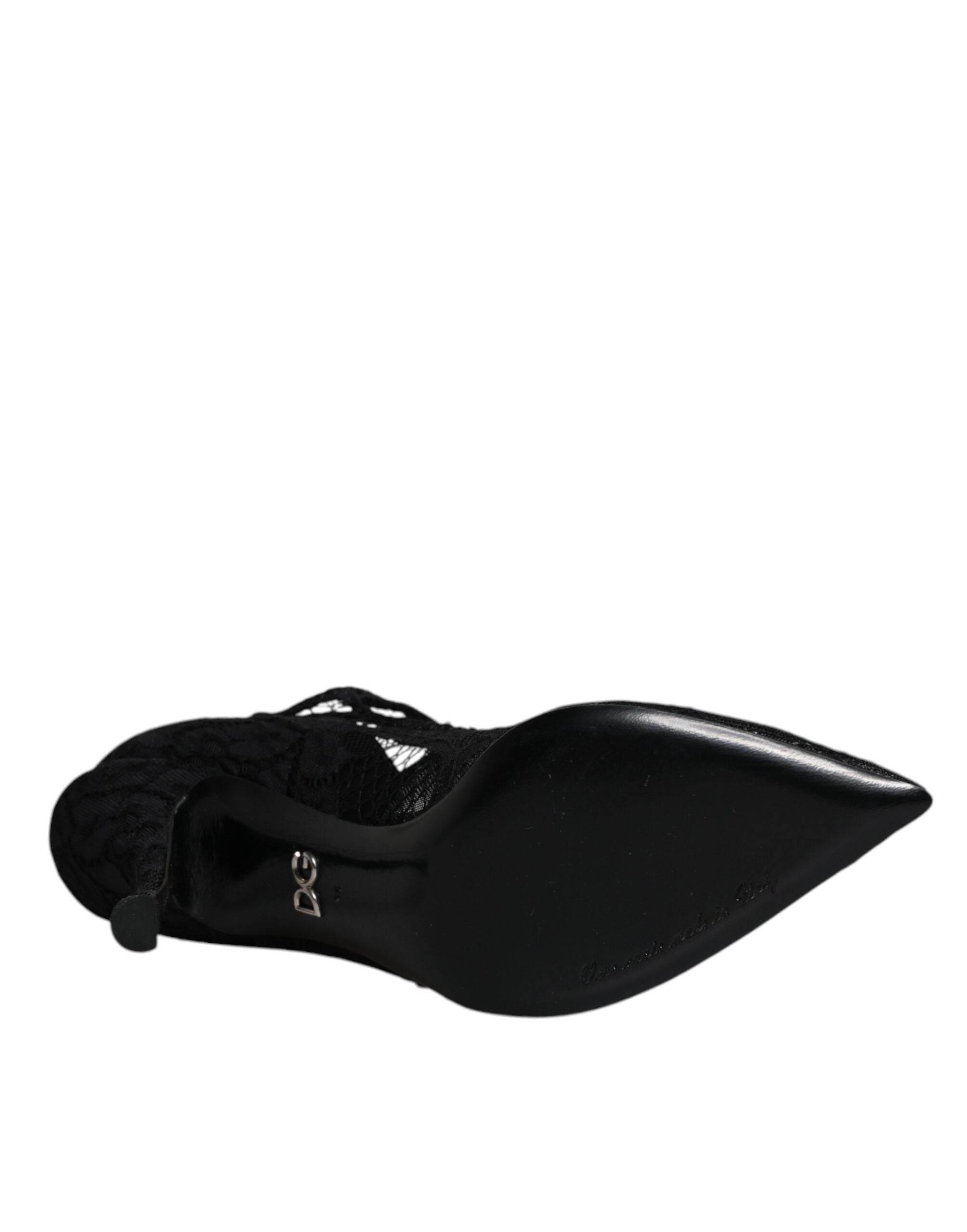Dolce & Gabbana Black Lace Crystals Mary Jane Pumps Shoes - Hilstor