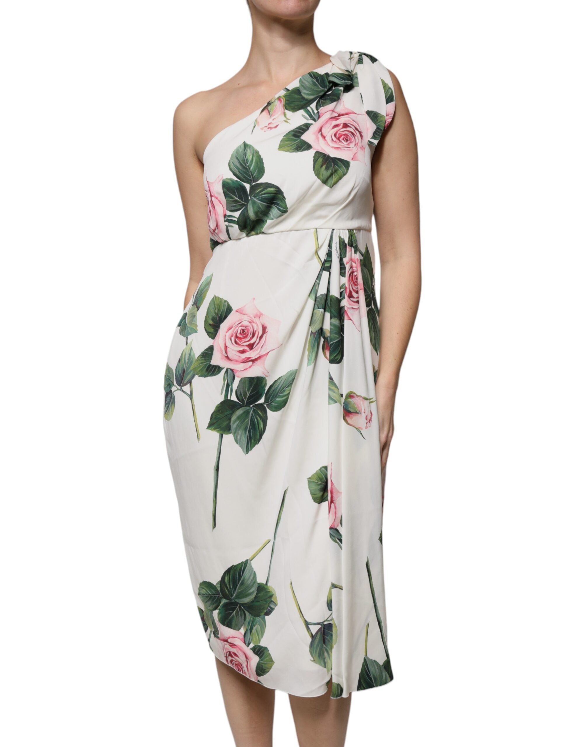 Dolce &amp; Gabbana Vit Blommig Sidenklänning Med En Axel