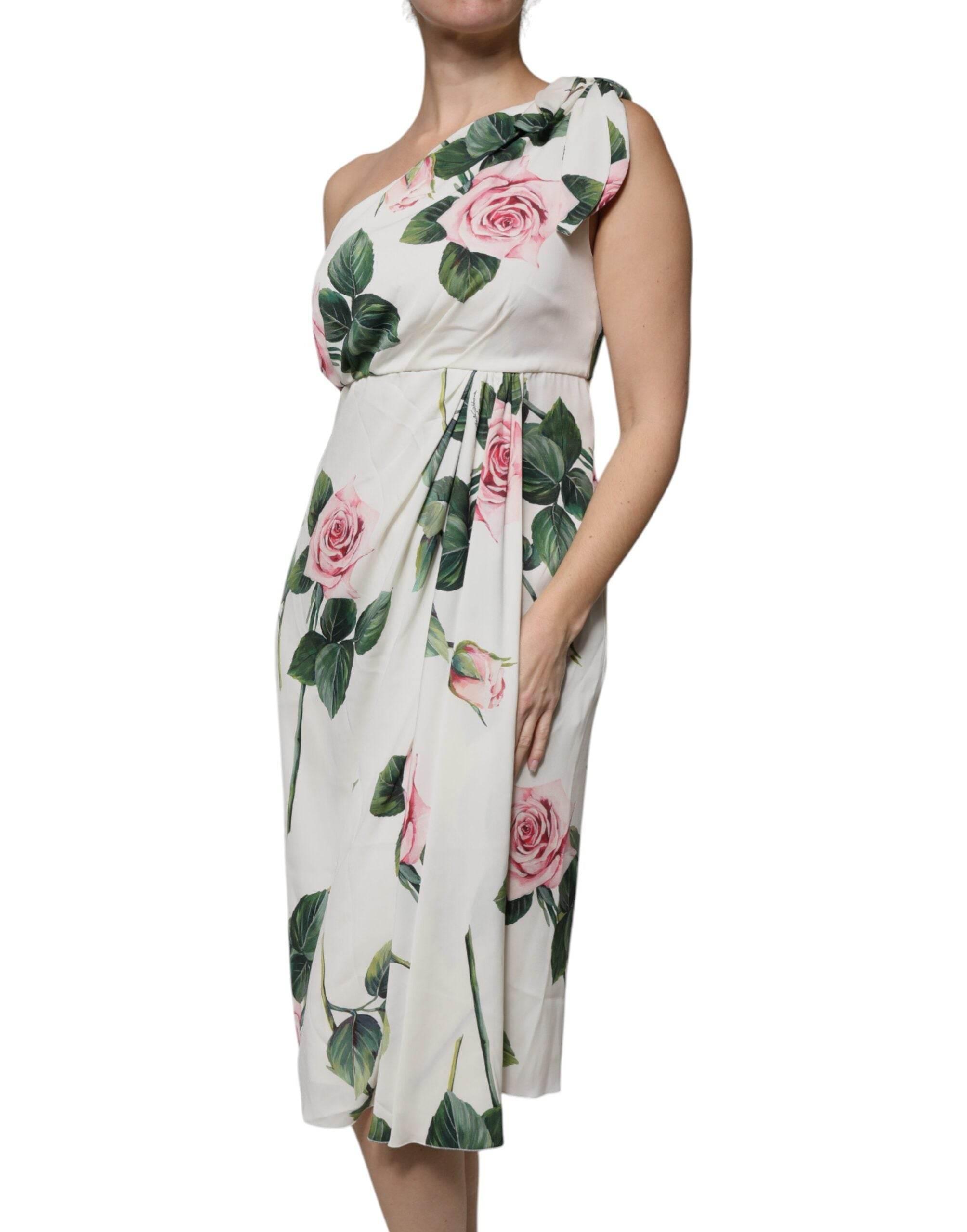 Dolce & Gabbana White Floral Silk One Shoulder Midi Dress - Hilstor