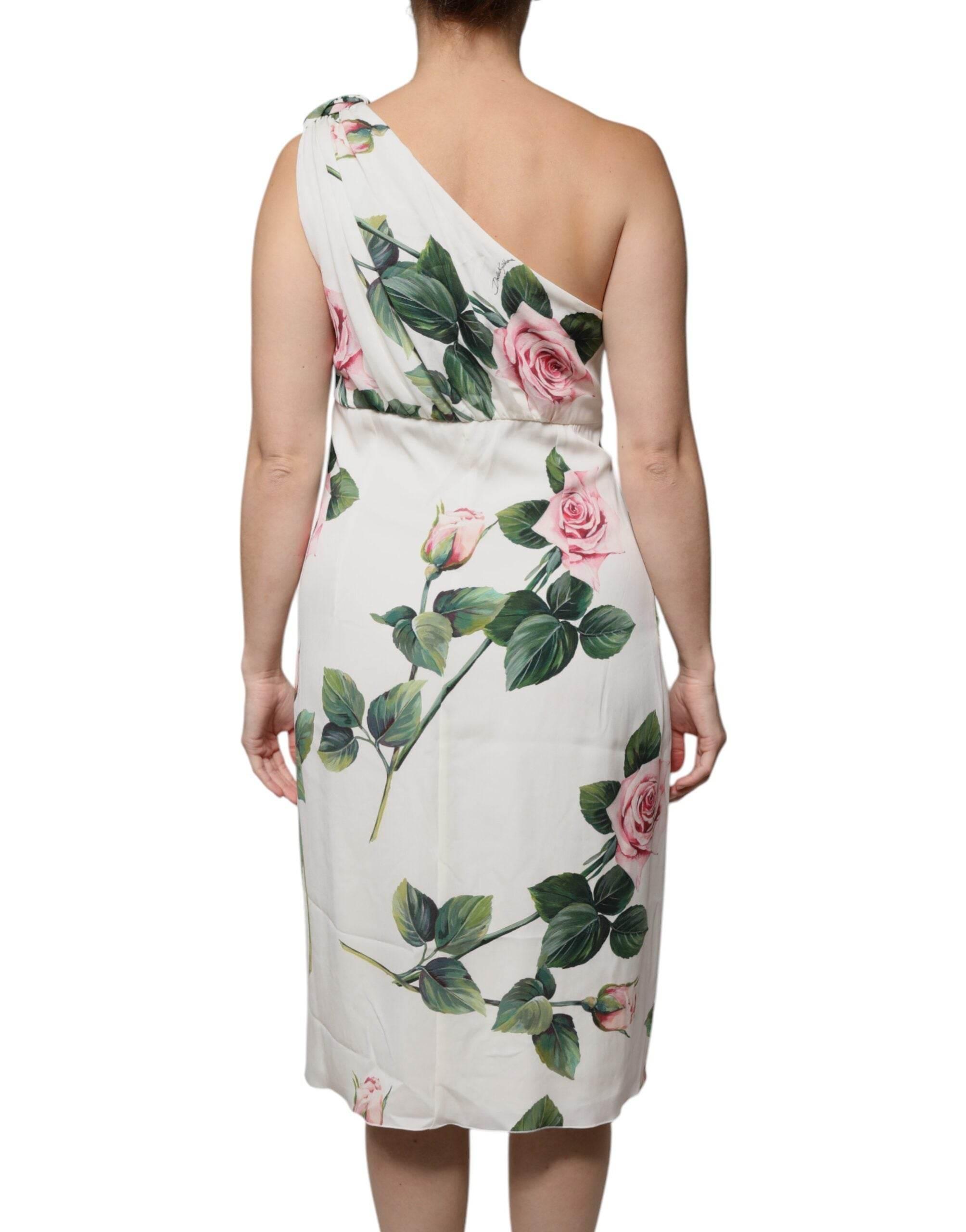 Dolce & Gabbana White Floral Silk One Shoulder Midi Dress - Hilstor