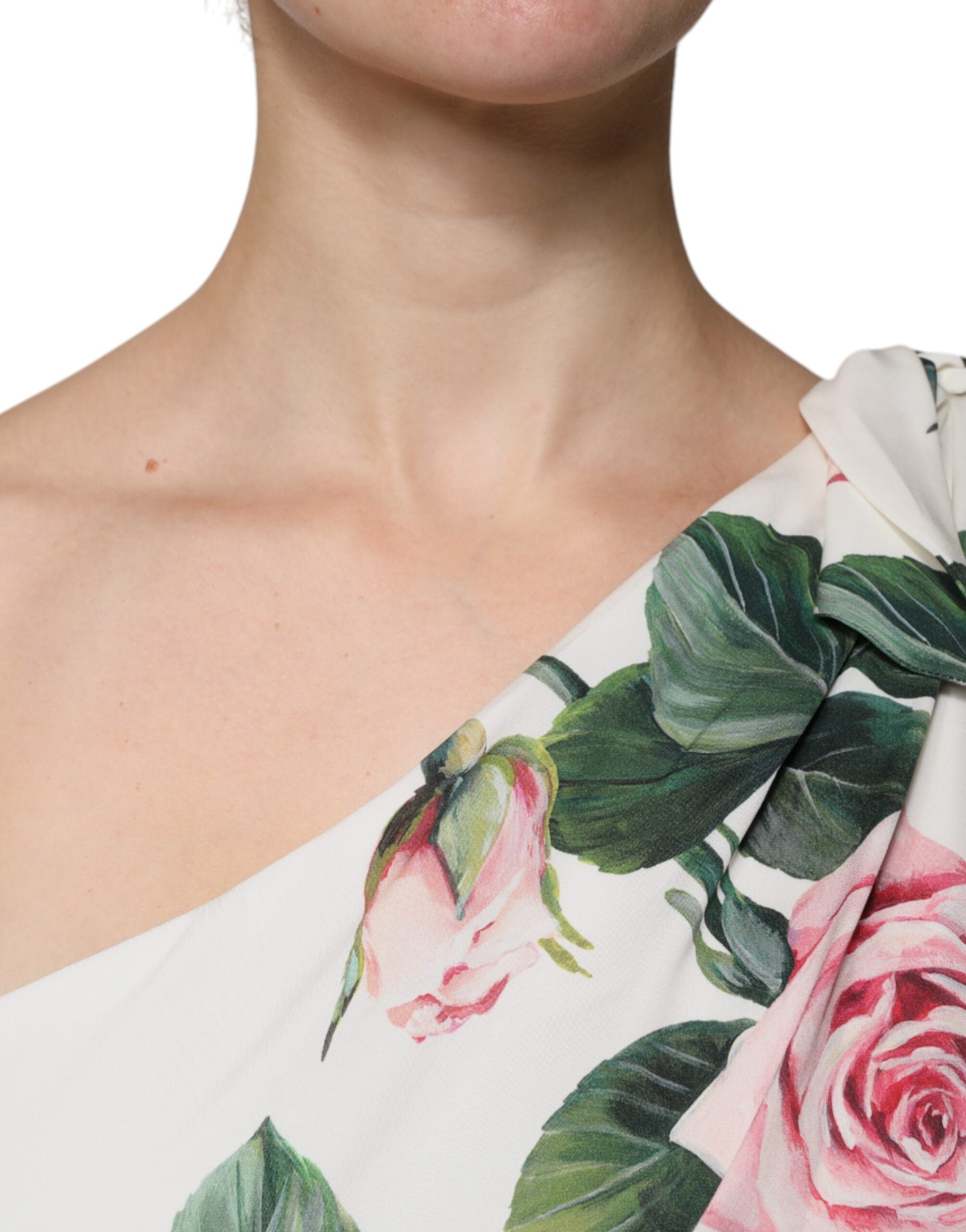 Dolce &amp; Gabbana Vit Blommig Sidenklänning Med En Axel