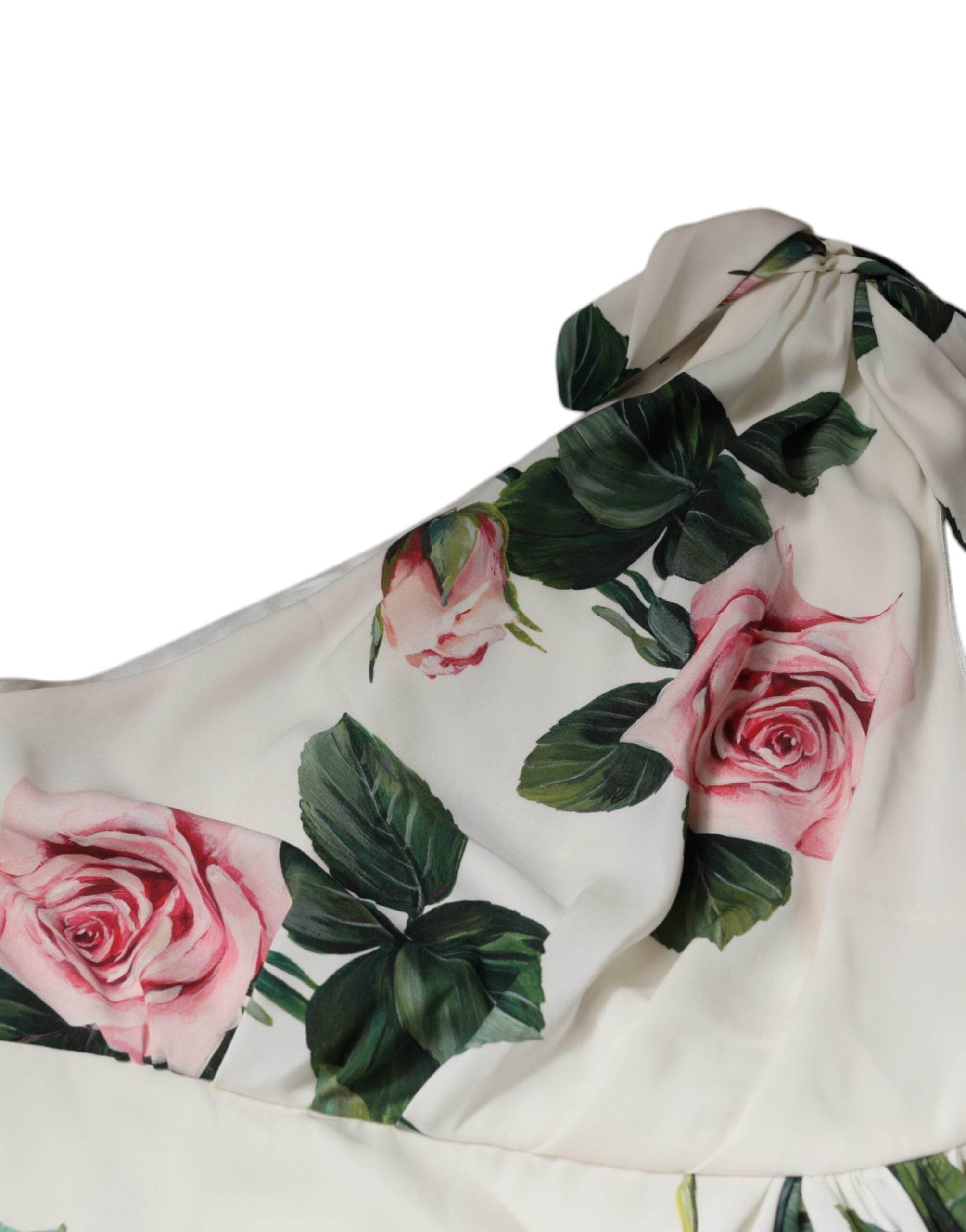 Dolce & Gabbana White Floral Silk One Shoulder Midi Dress - Hilstor