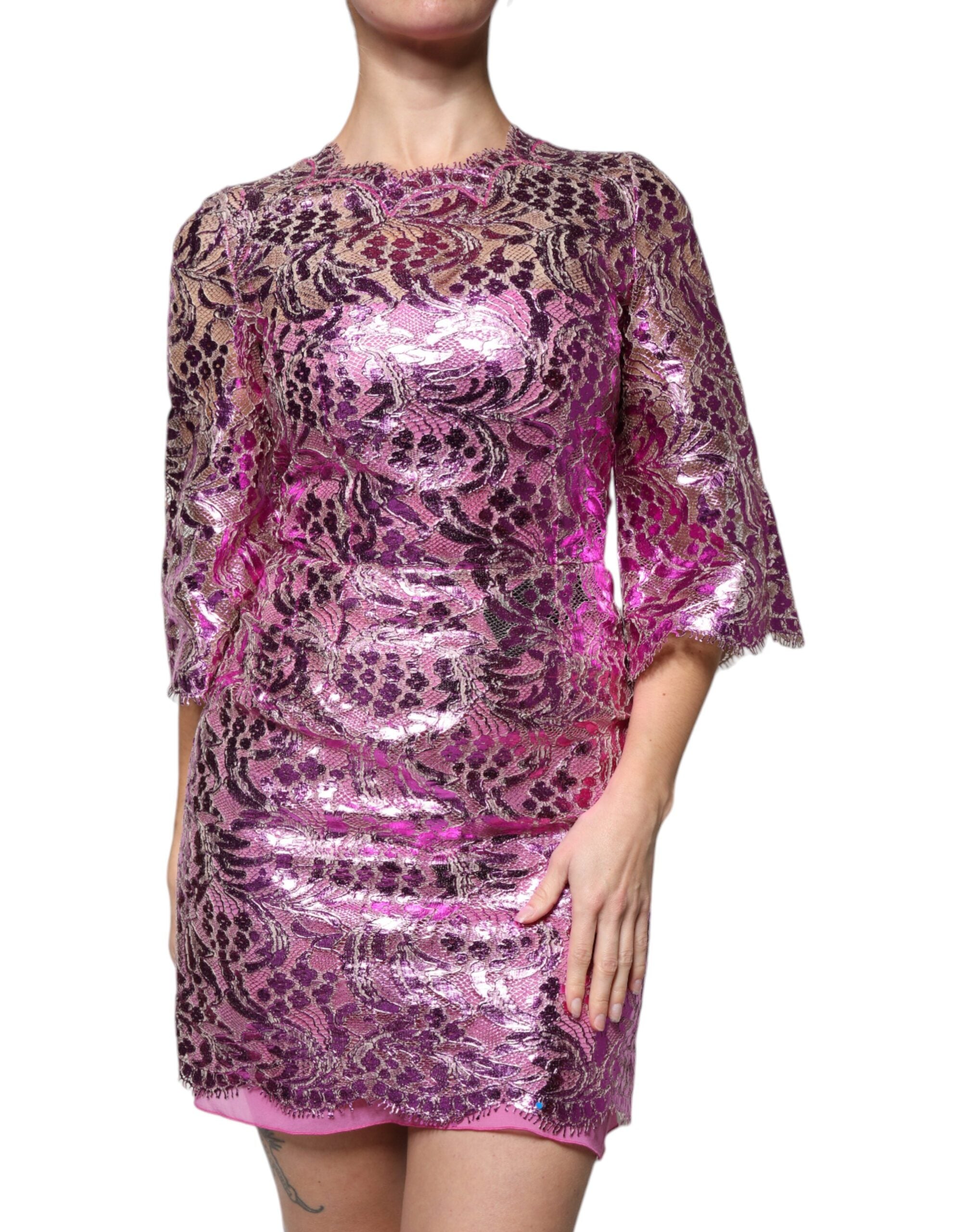 Dolce &amp; Gabbana Metallic Fuchsia Blomsterskede Mini Kjole