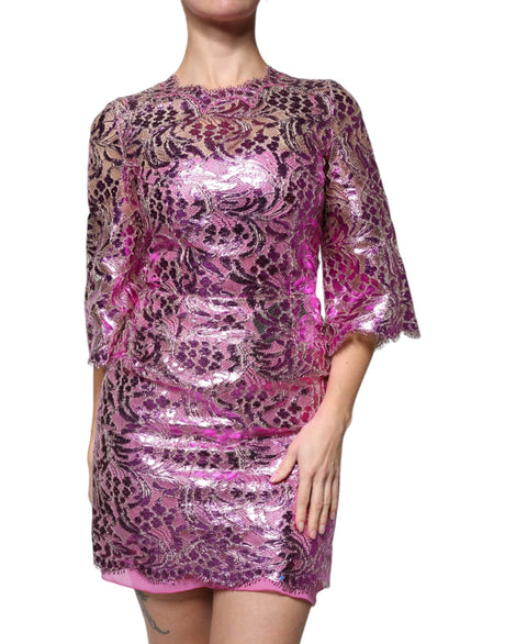 Dolce & Gabbana Metallic Fuchsia Floral Sheath Mini Dress - Hilstor