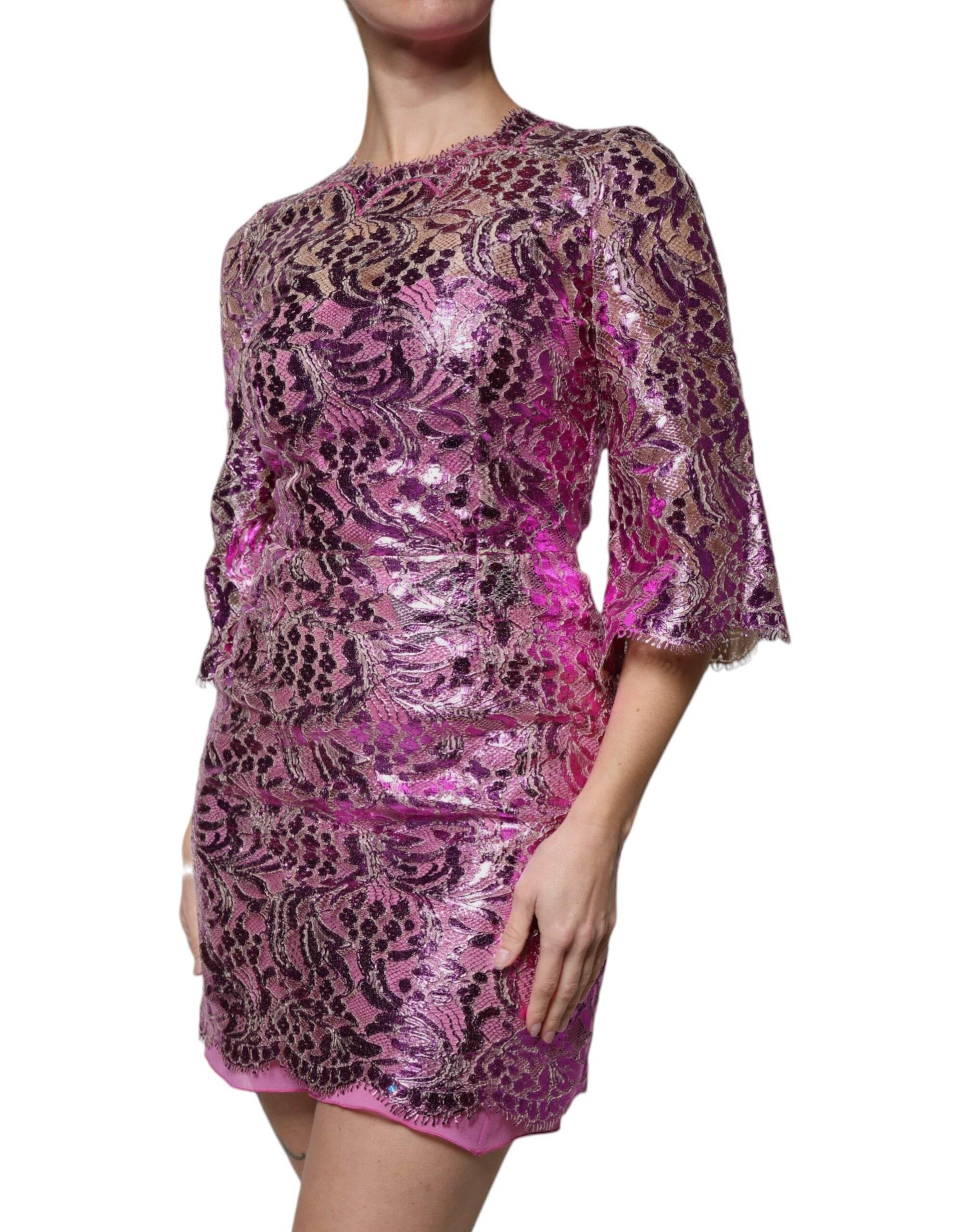 Dolce & Gabbana Metallic Fuchsia Floral Sheath Mini Dress - Hilstor