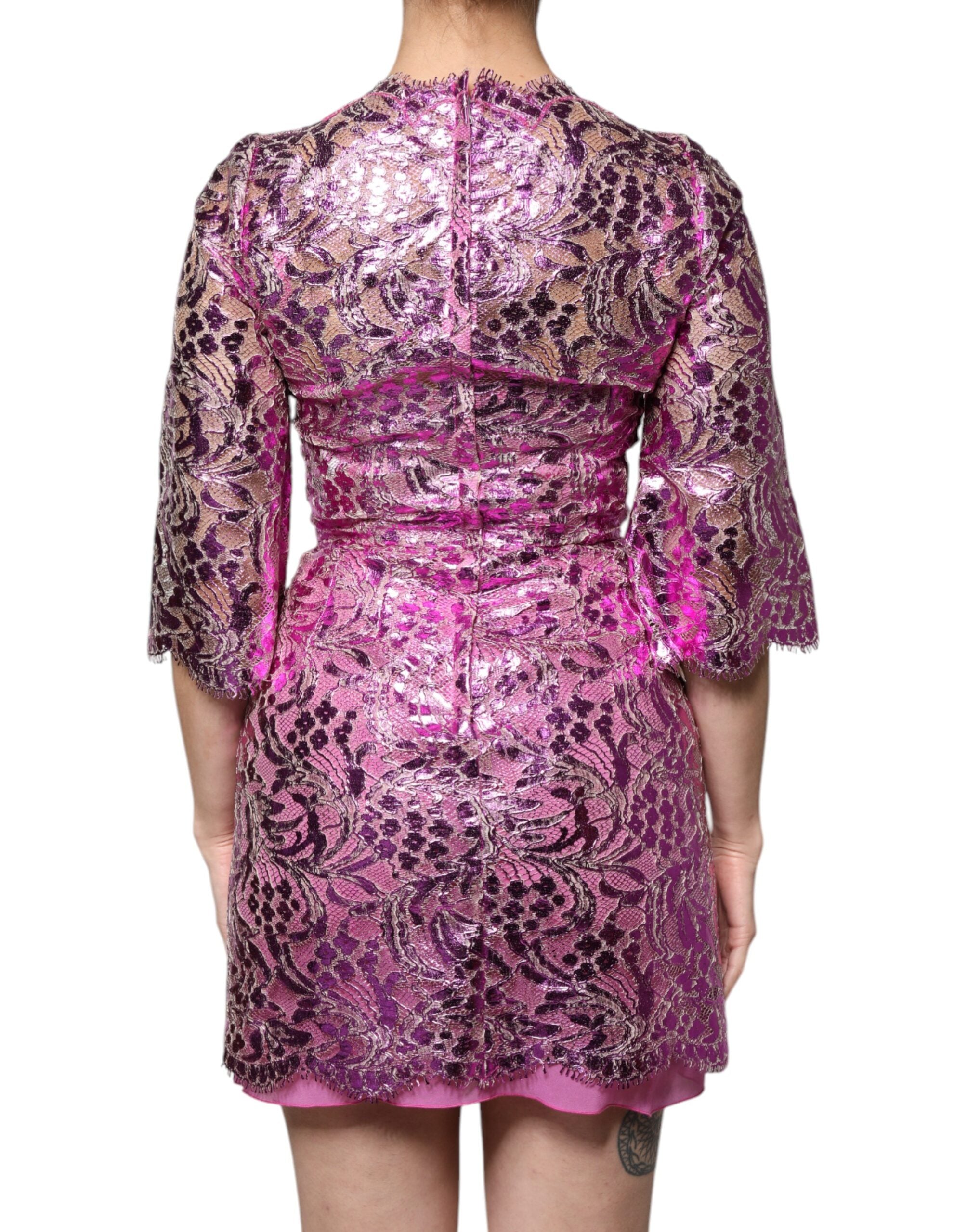 Dolce &amp; Gabbana Metallic Fuchsia Blomsterskede Mini Kjole