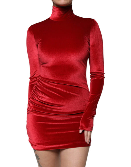 Dolce & Gabbana Red Velvet Long Sleeves Bodycon Mini Dress - Hilstor