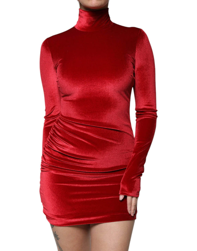 Dolce & Gabbana Red Velvet Long Sleeves Bodycon Mini Dress - Hilstor